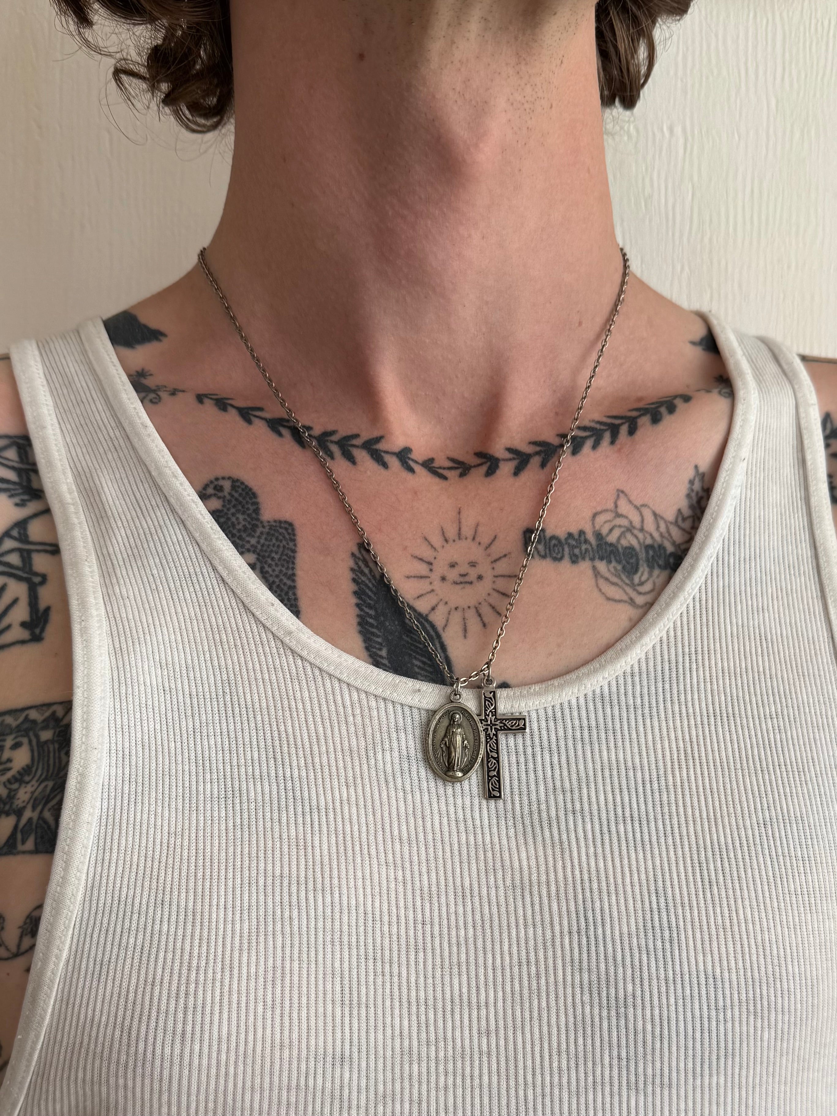 Vintage Mother Mary and Cross Double Pendant Necklace (20")