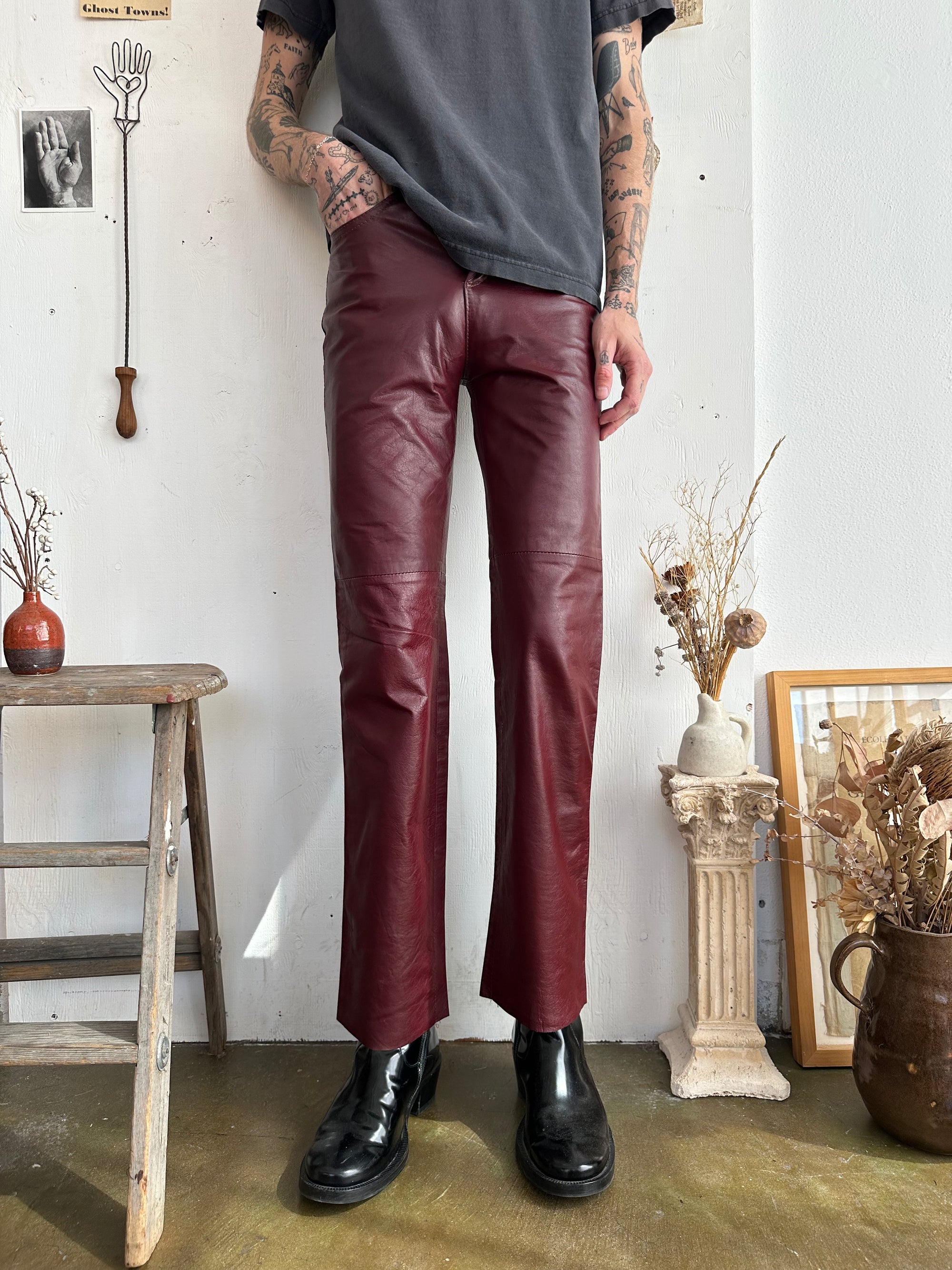 1970s Wine Red Leather Pants
