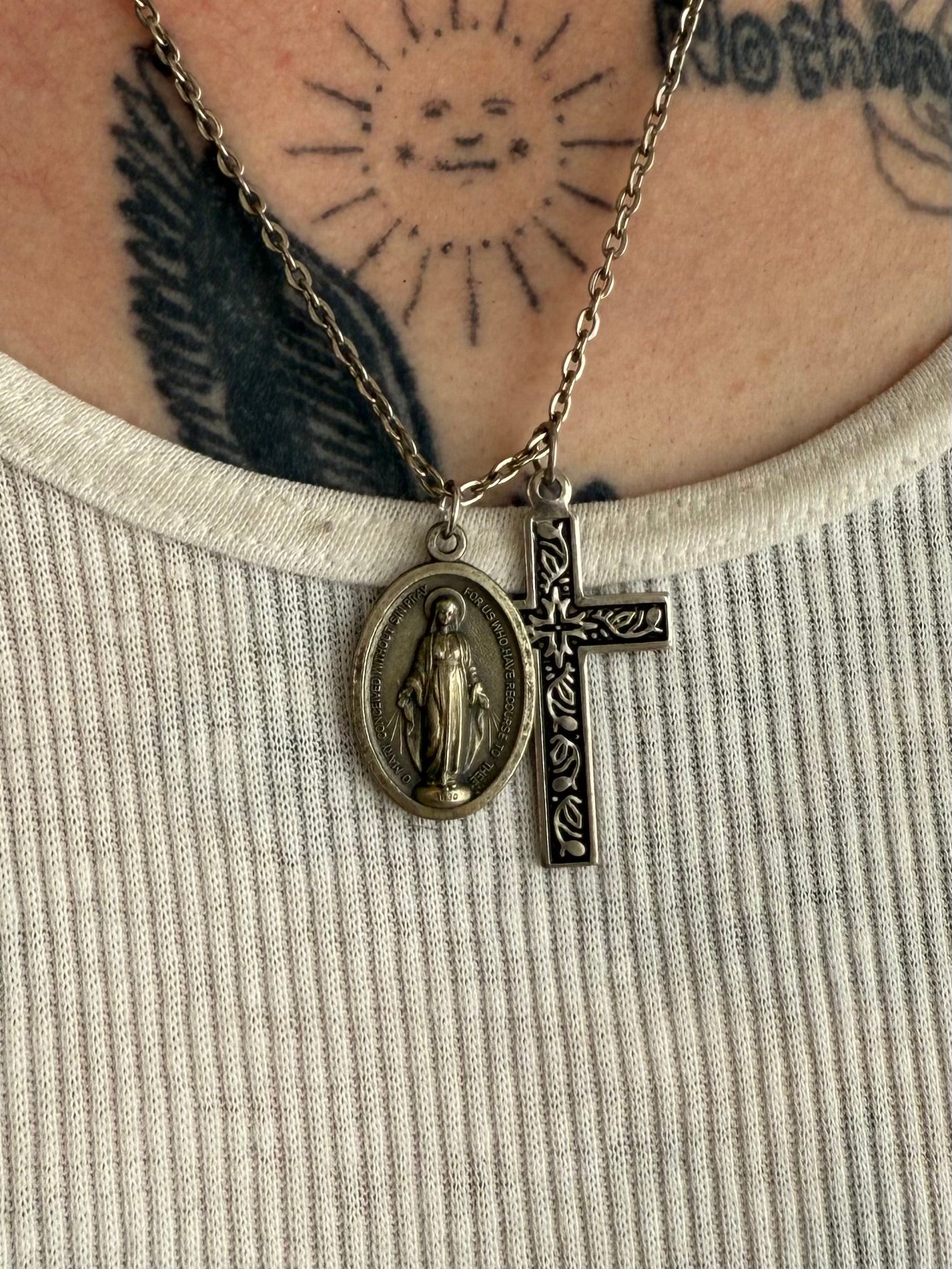 Vintage Mother Mary and Cross Double Pendant Necklace (20")