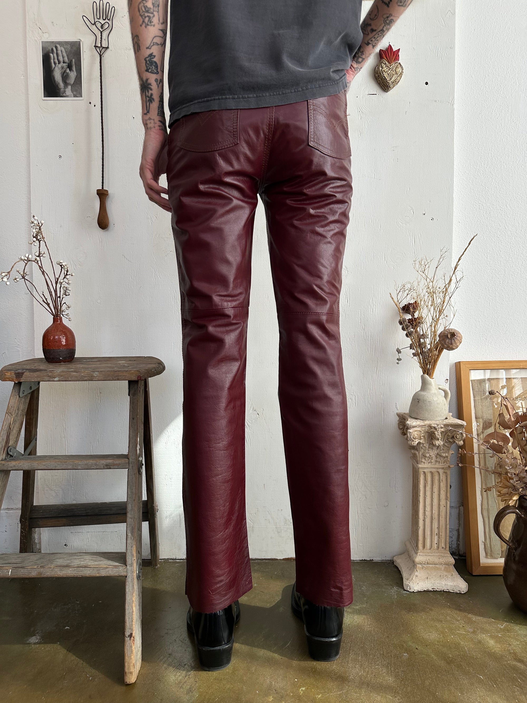 1970s Wine Red Leather Pants