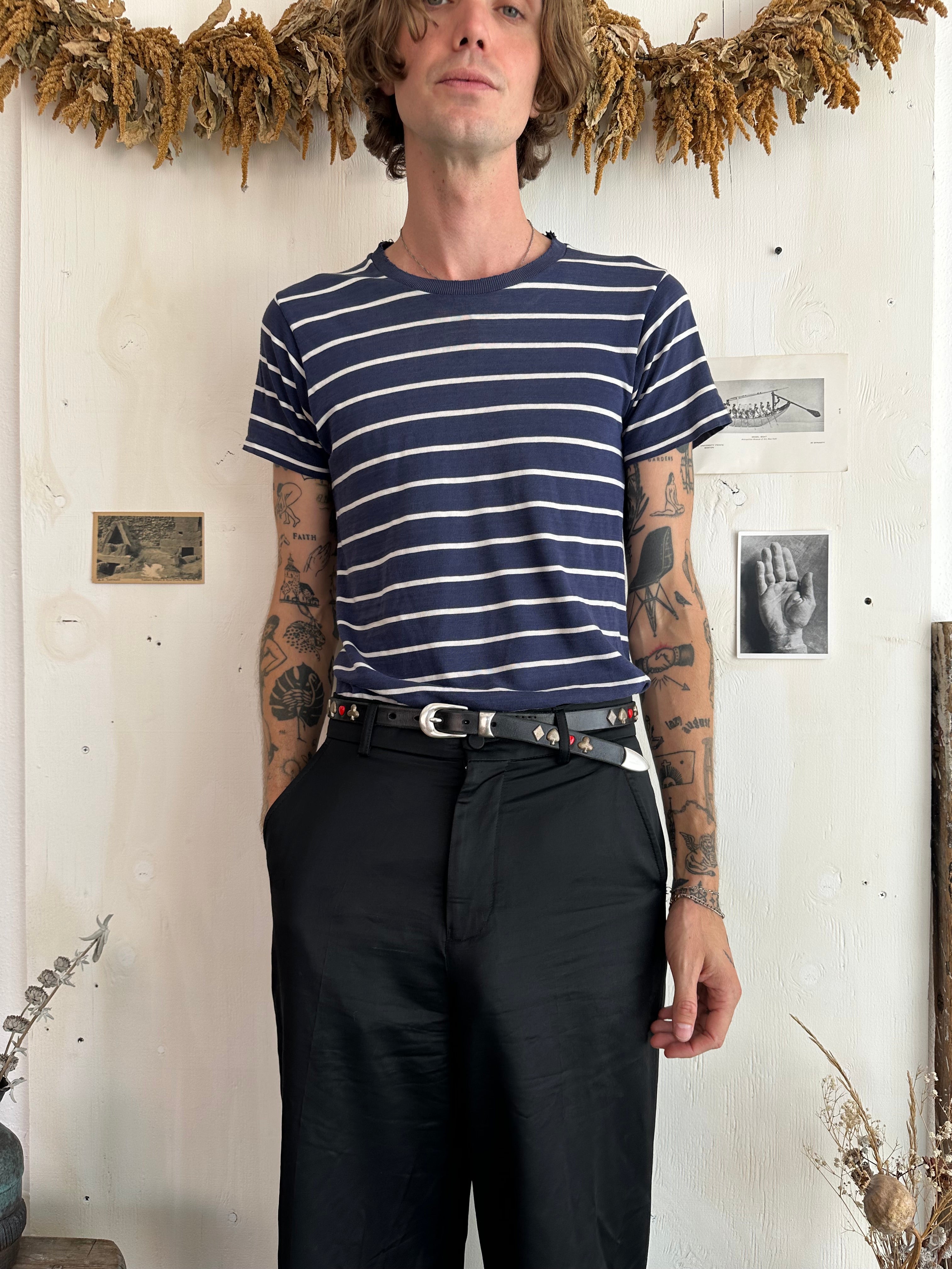 1940s Shredded Navy Blue Striped Tee (S/M)