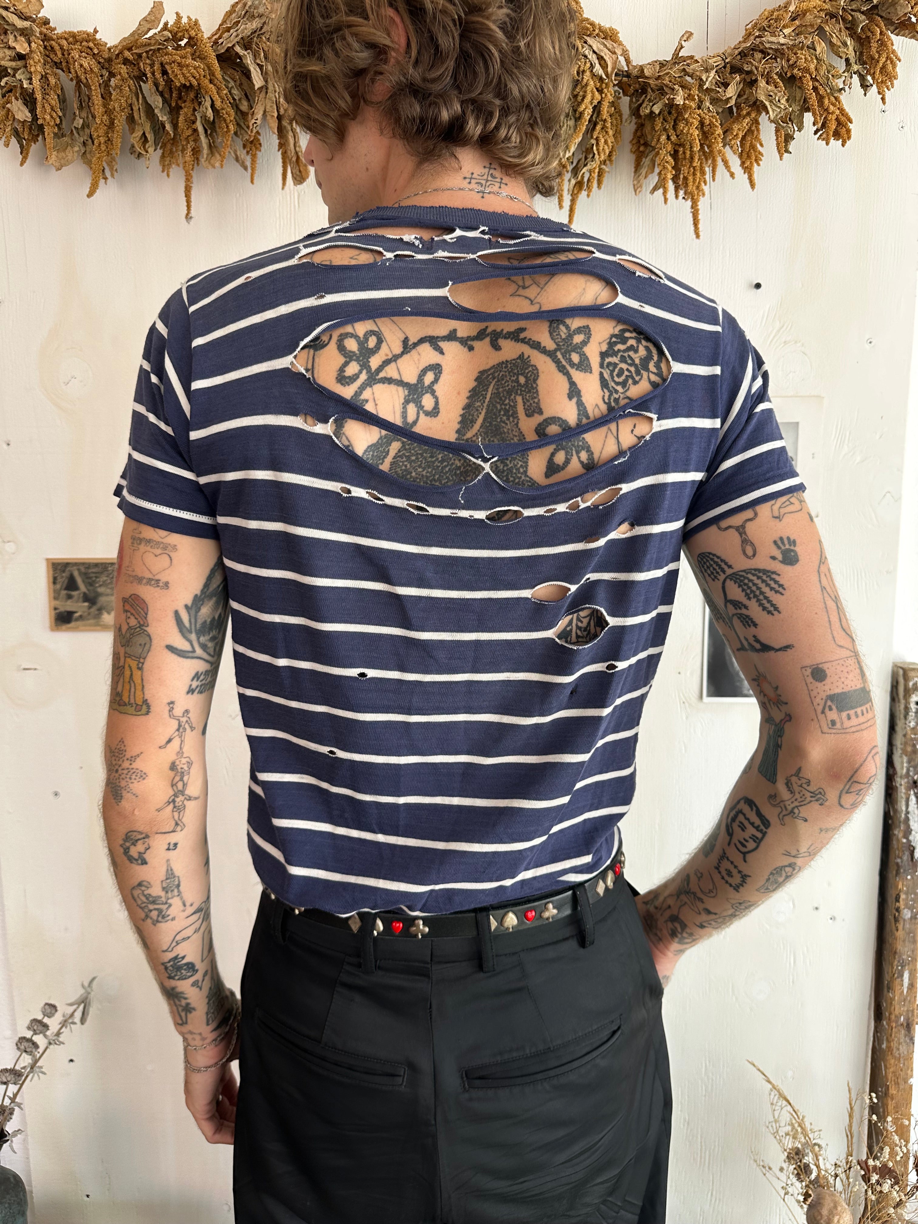 1940s Shredded Navy Blue Striped Tee (S/M)