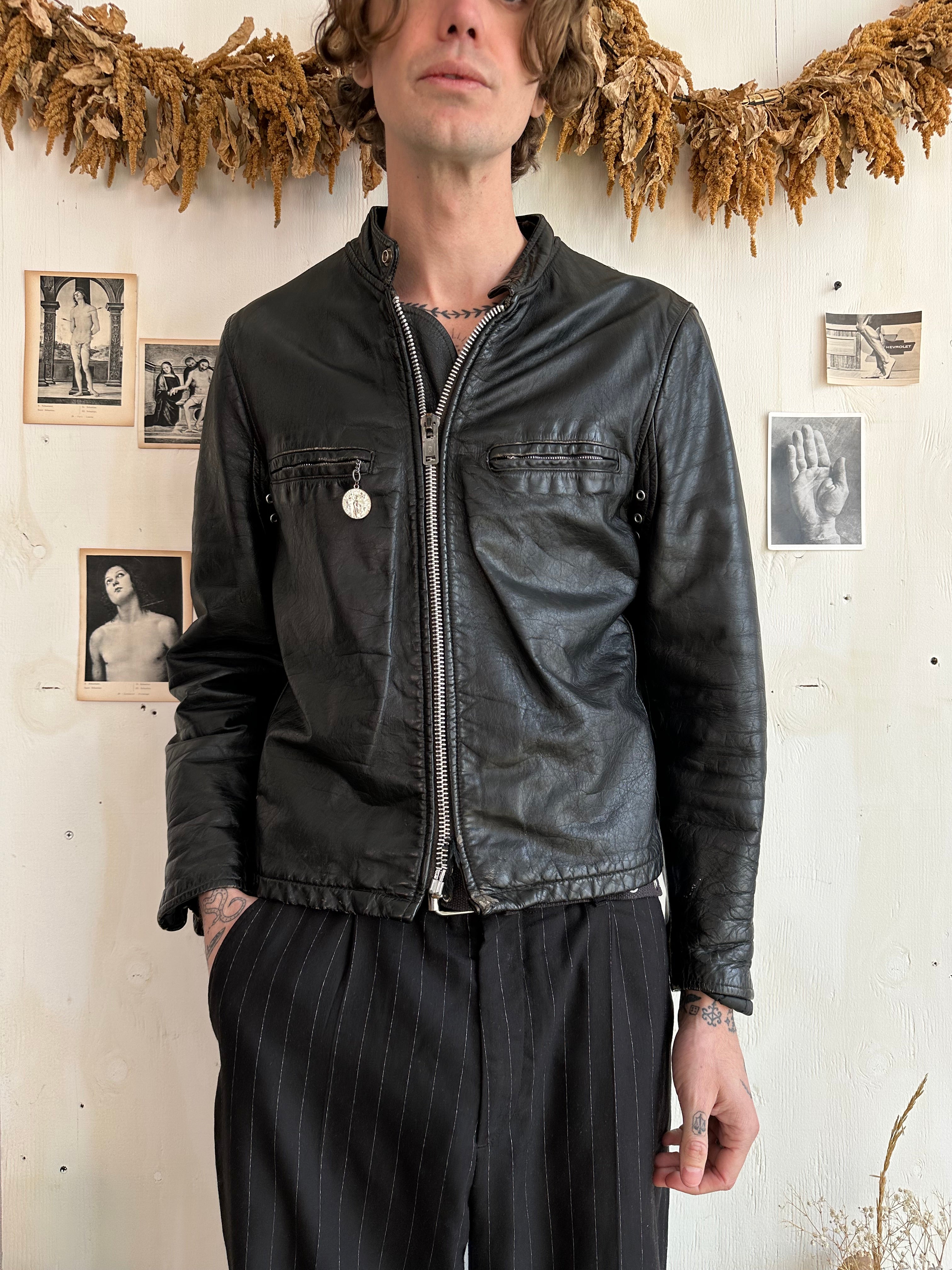 1960s Well Worn Leather Jacket w/ Religious Pendant (M)