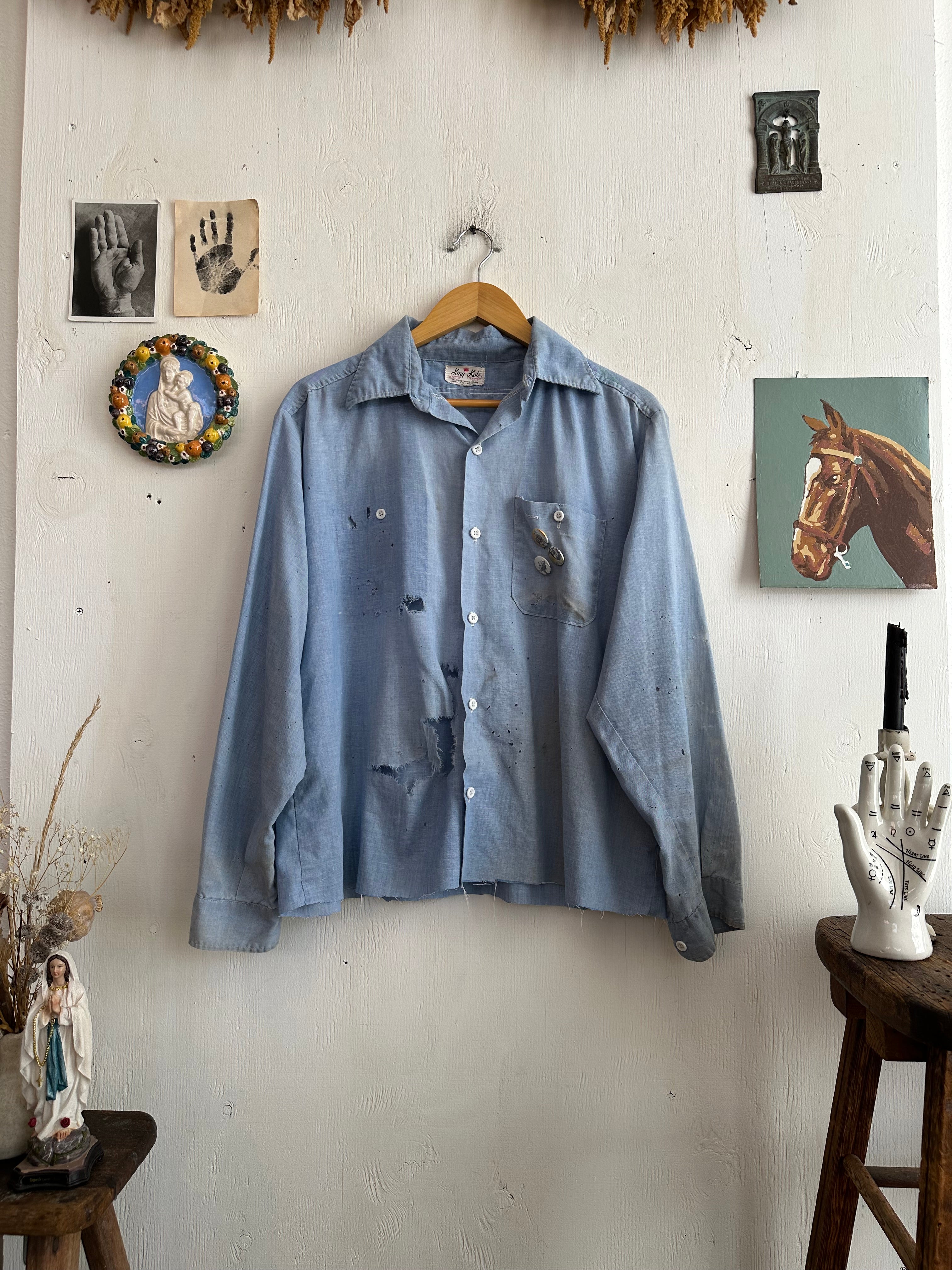 1970s Thrashed Work Shirt W/ Pins (Boxy M)