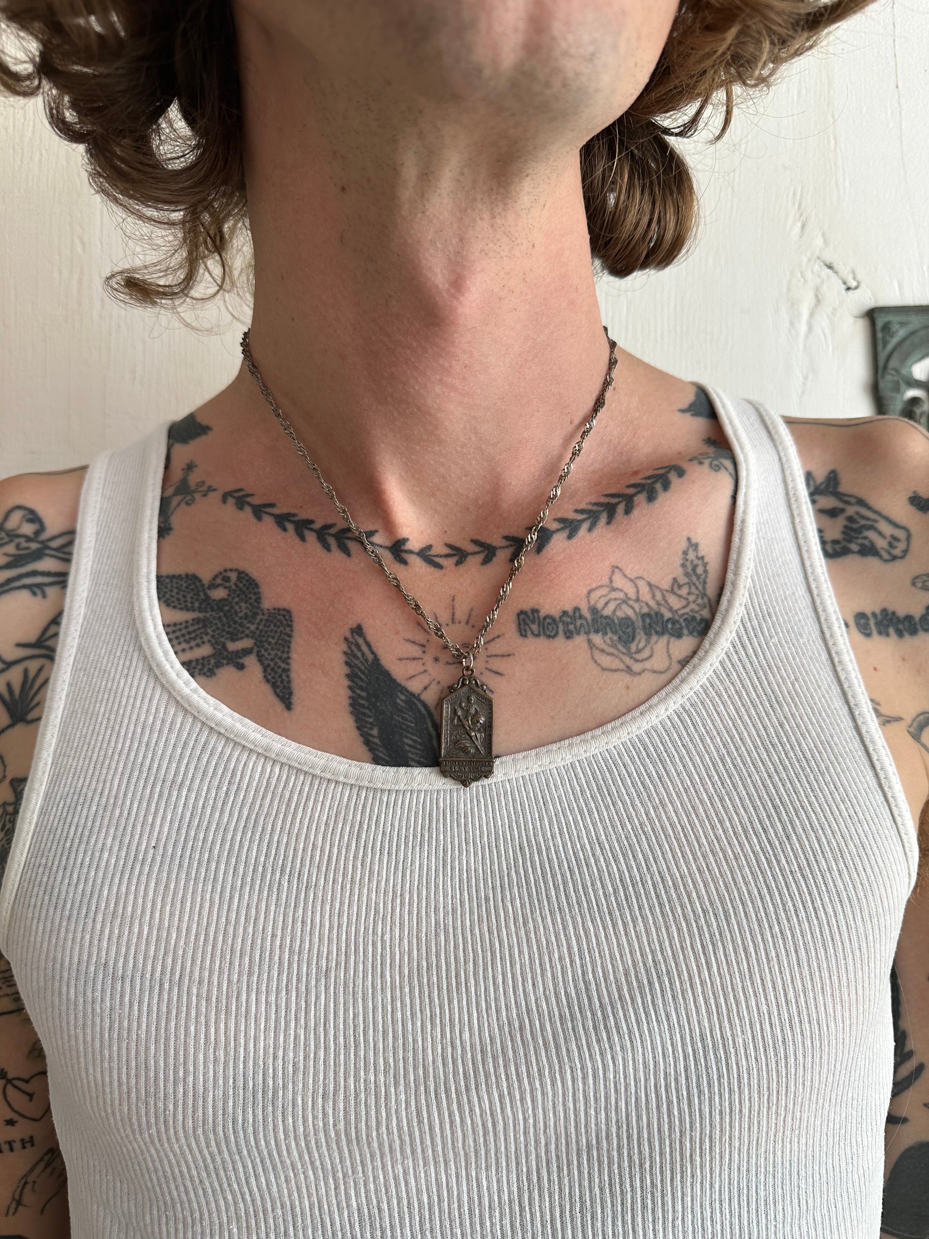 Saint Christopher Pendant Necklace W/ Braided Chain
