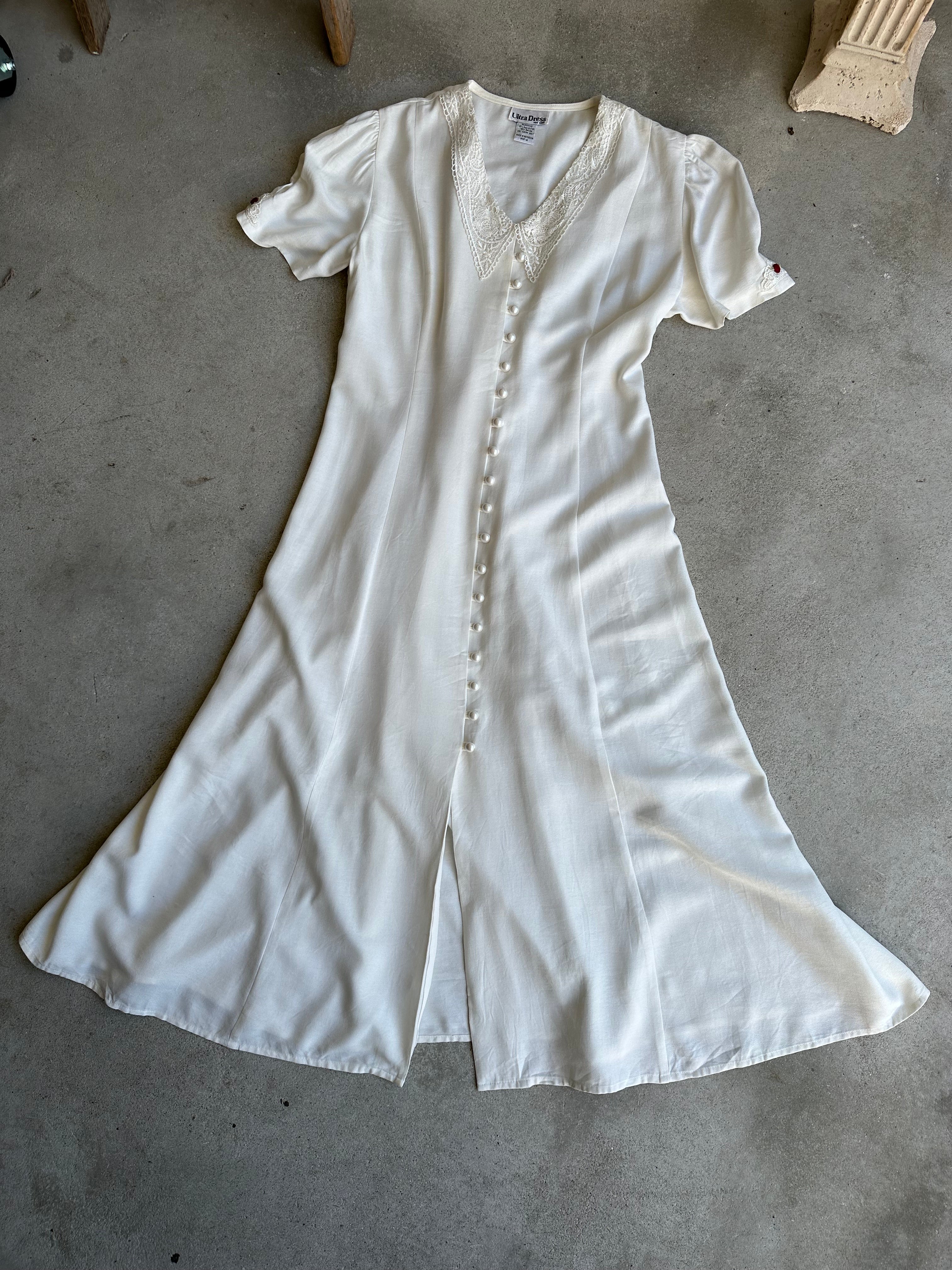 1990s Lace Collar Pearl Button-Up Dress (L-XL)