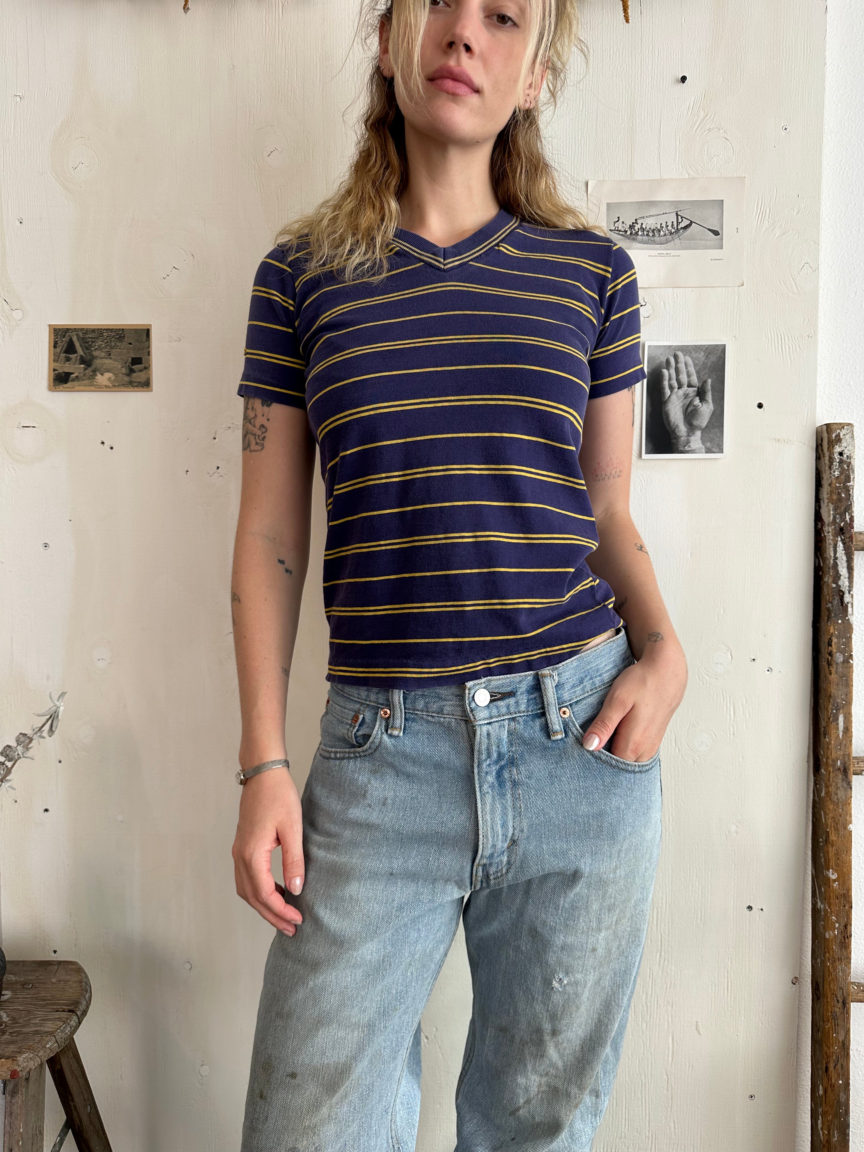 1970s Navy Striped V-Neck (S)