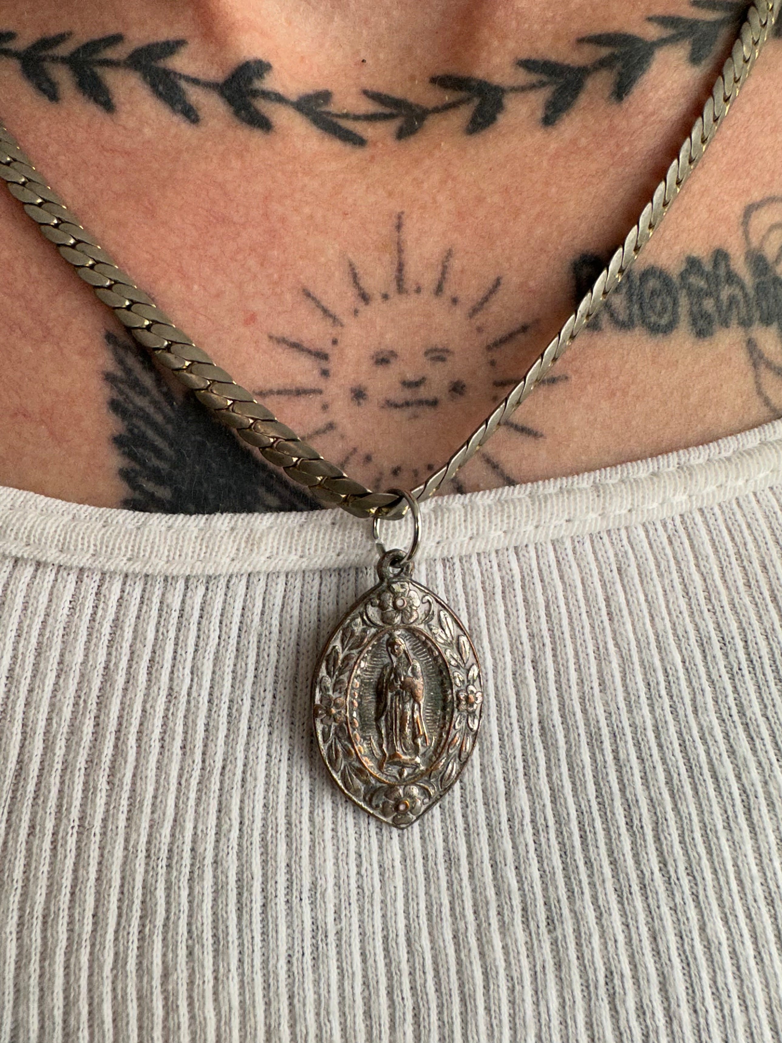 Vintage Mother Mary Pendant Necklace W/ Braided Chain