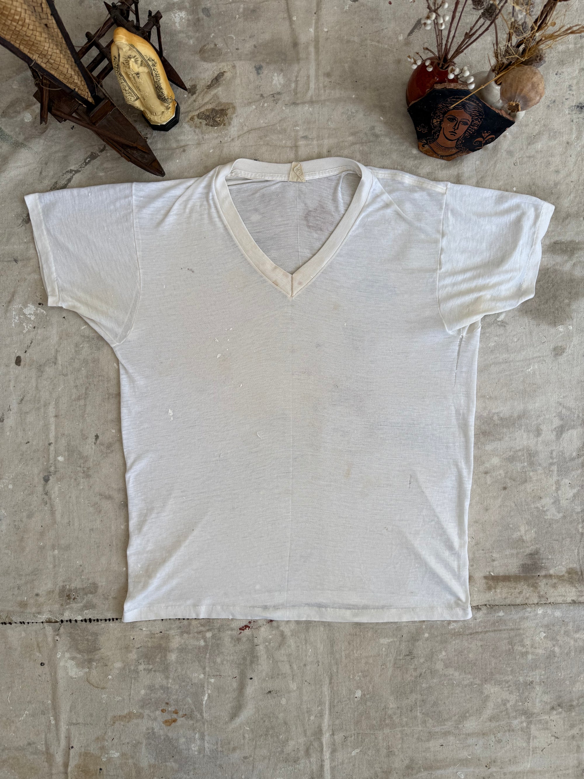 1980s Paper Thin White V-Neck