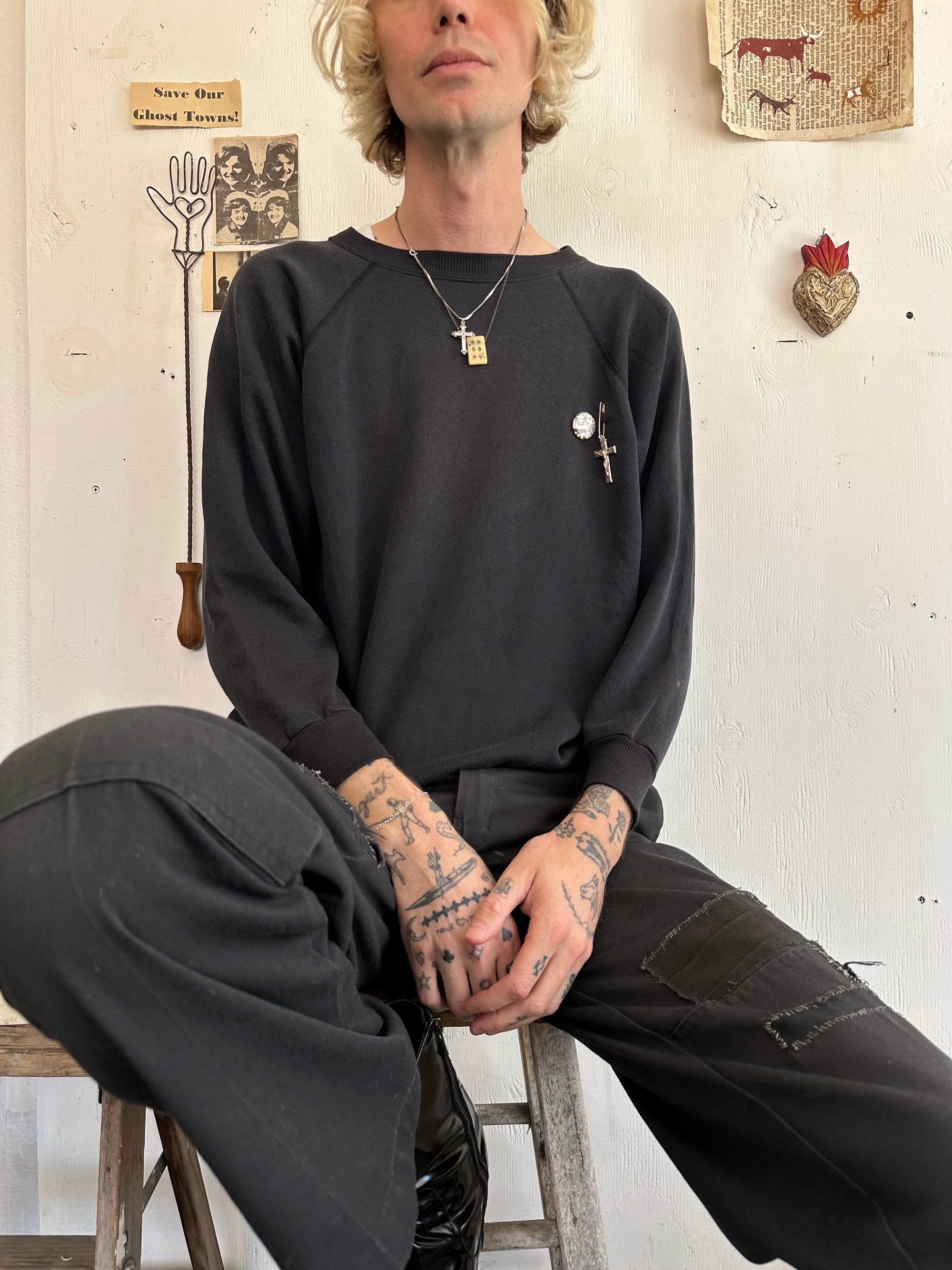 1980s Well Worn Black Raglan Crewneck W/ Pins