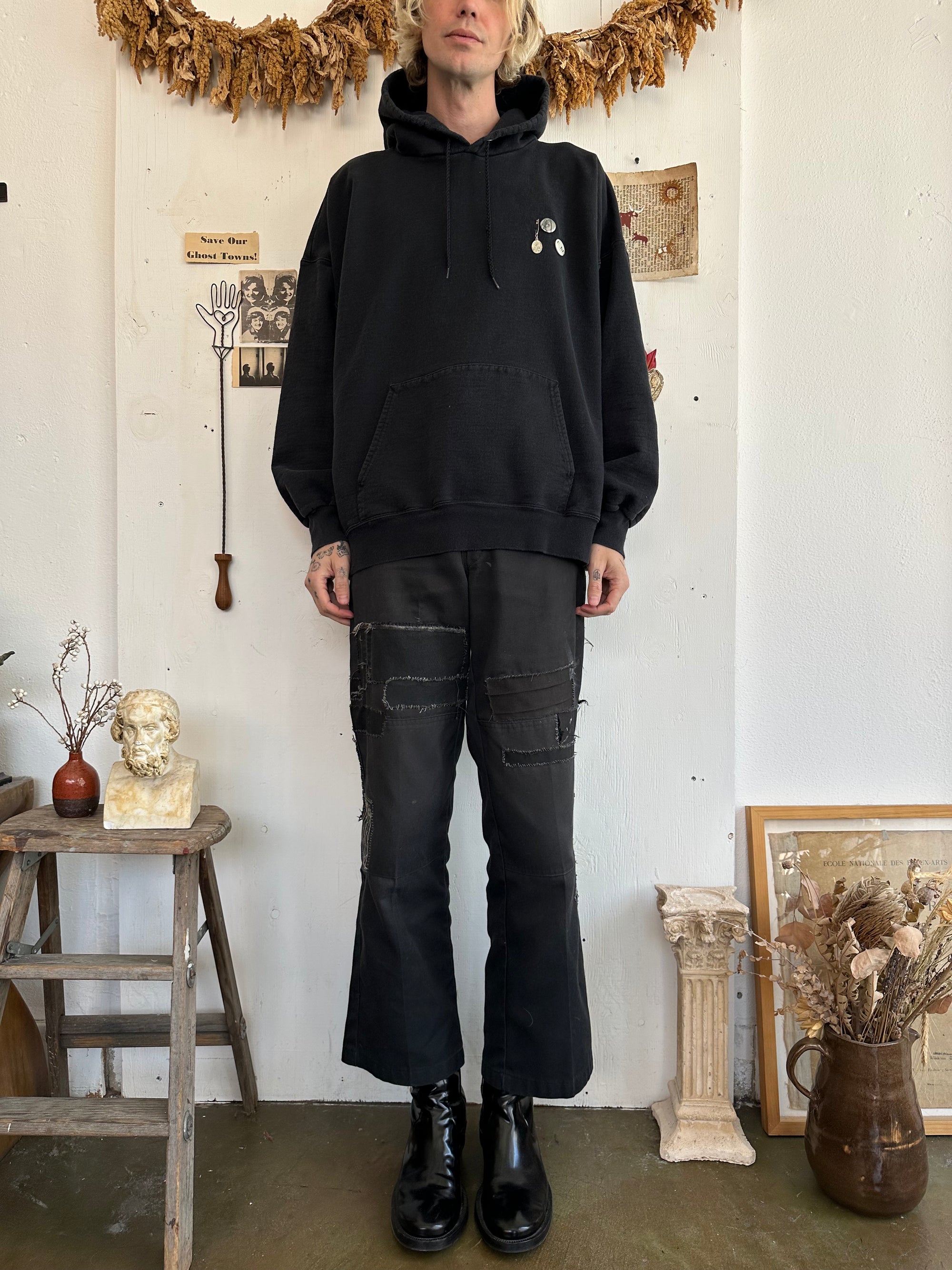 1990s Boxy Faded Black Hoodie W/ Pins