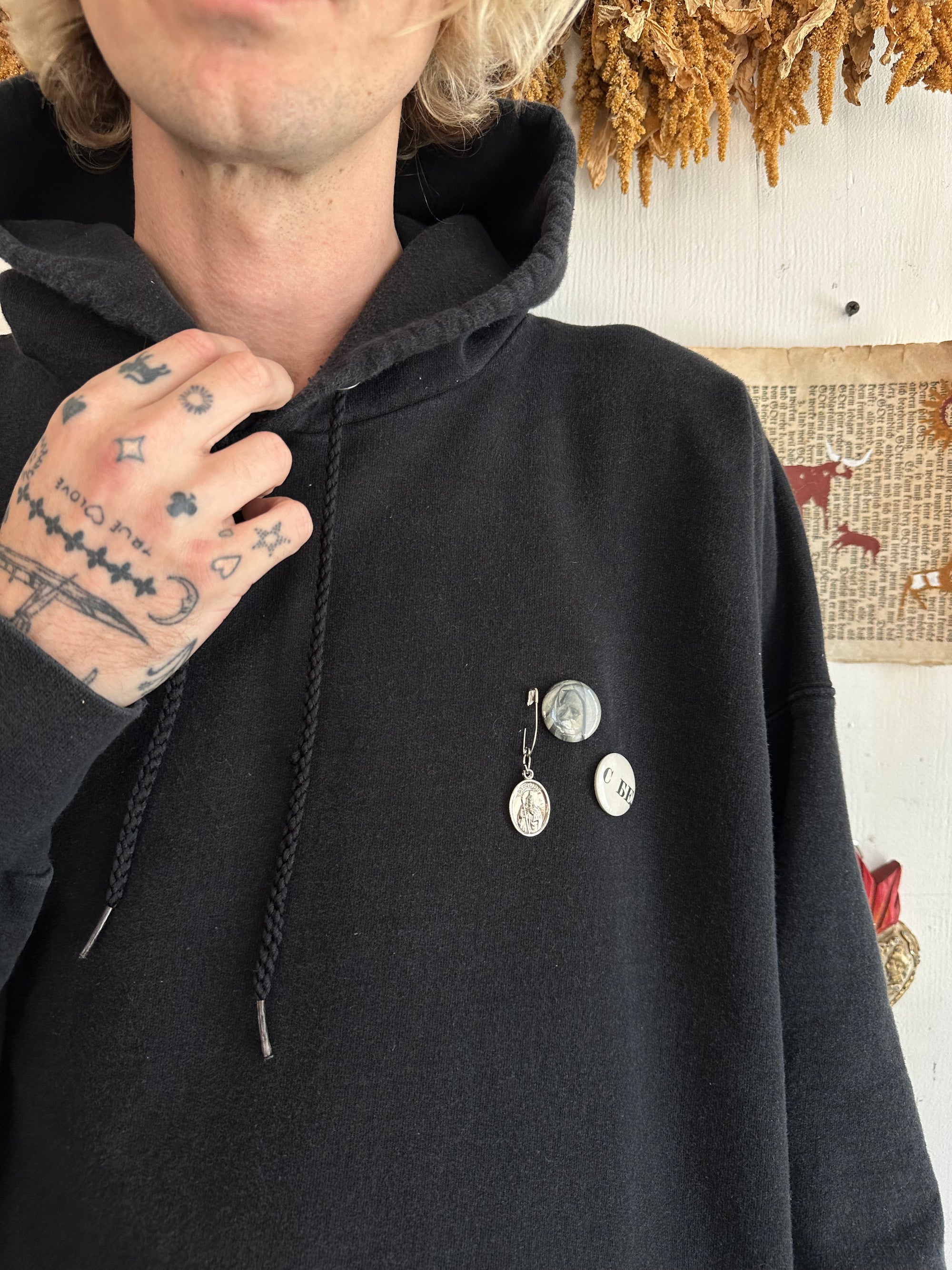 1990s Boxy Faded Black Hoodie W/ Pins