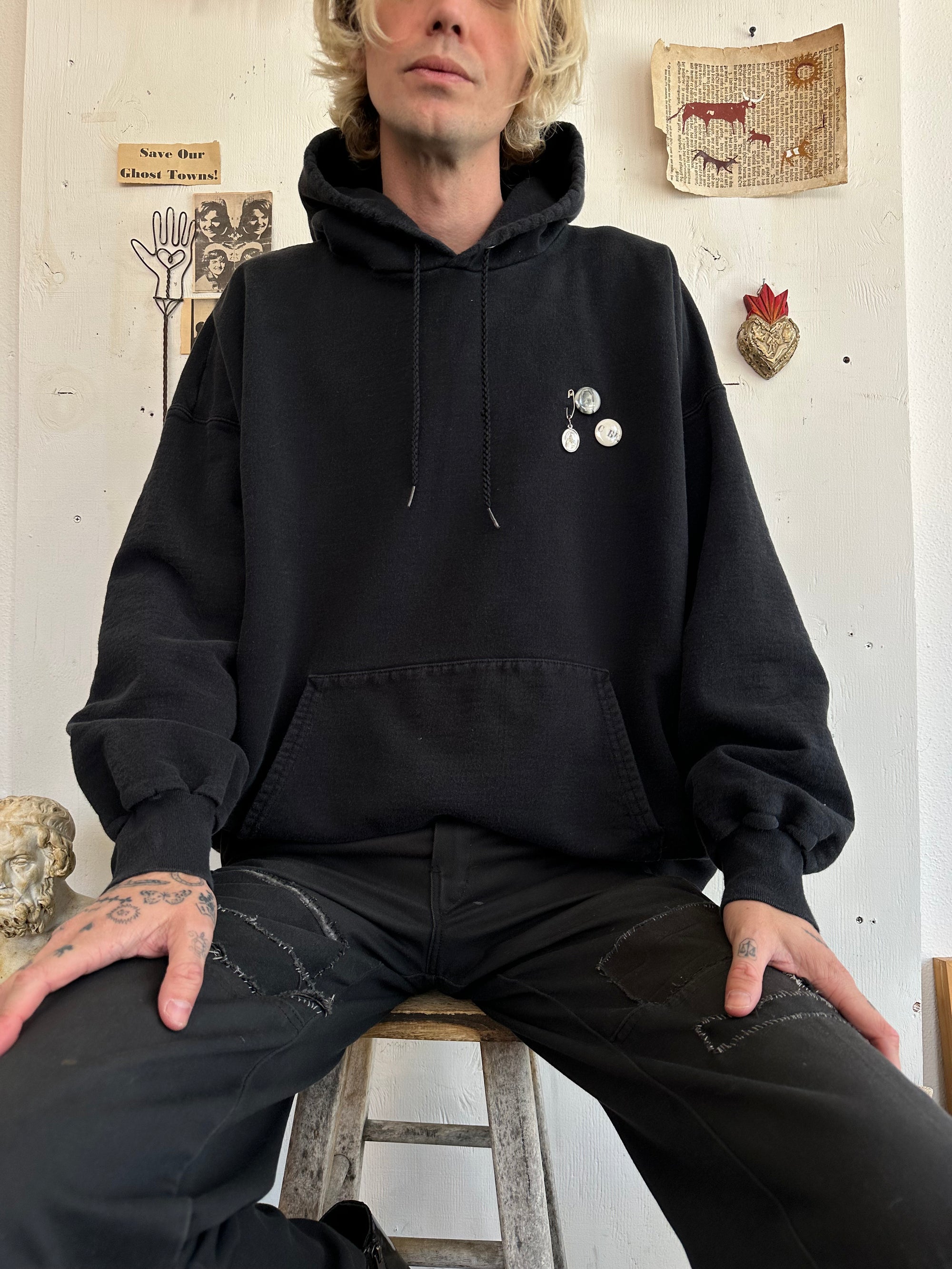 1990s Boxy Faded Black Hoodie W/ Pins