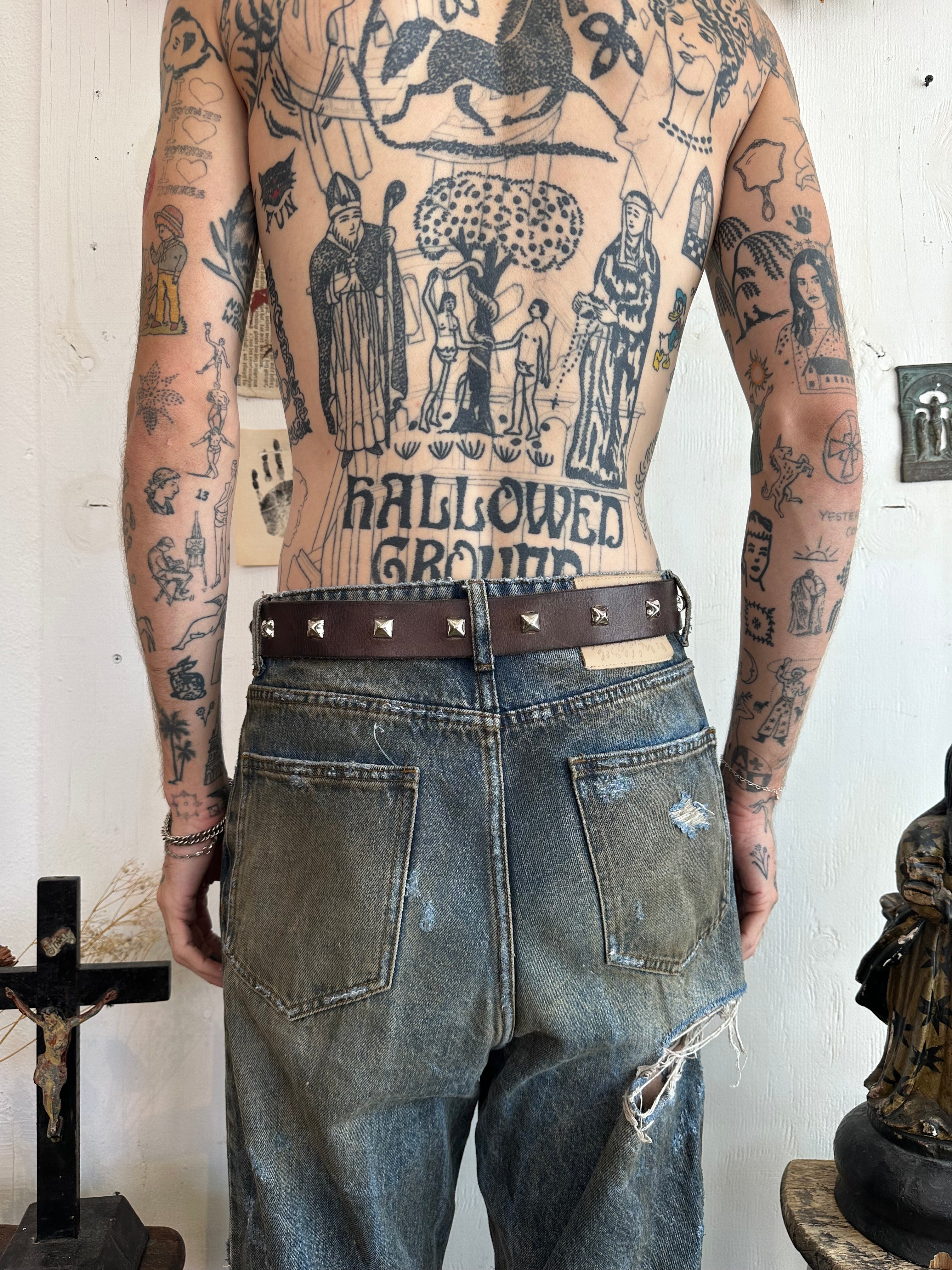 Vintage Hand Studded Brown Leather Belt (33”)