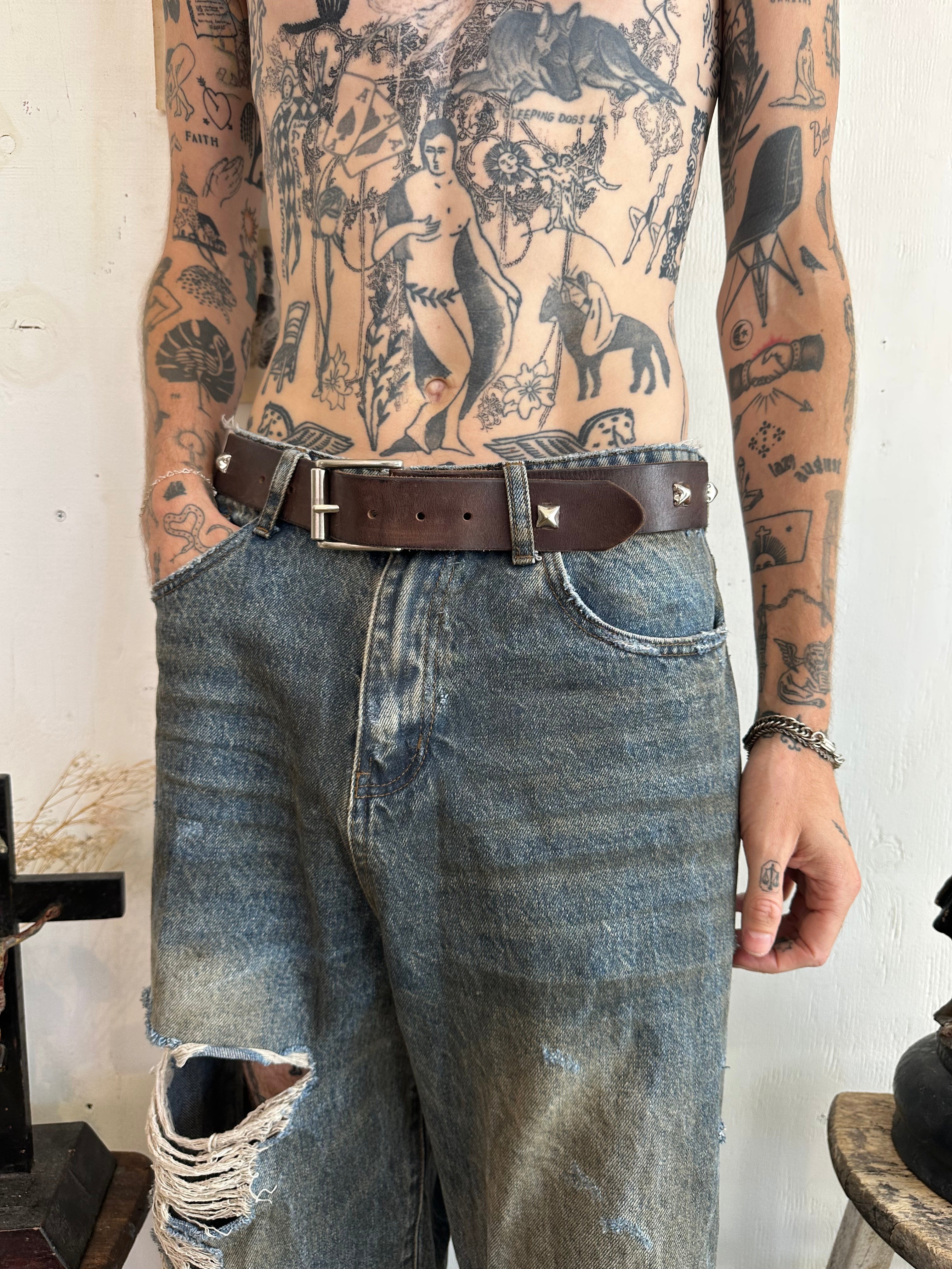 Vintage Hand Studded Brown Leather Belt (33”)