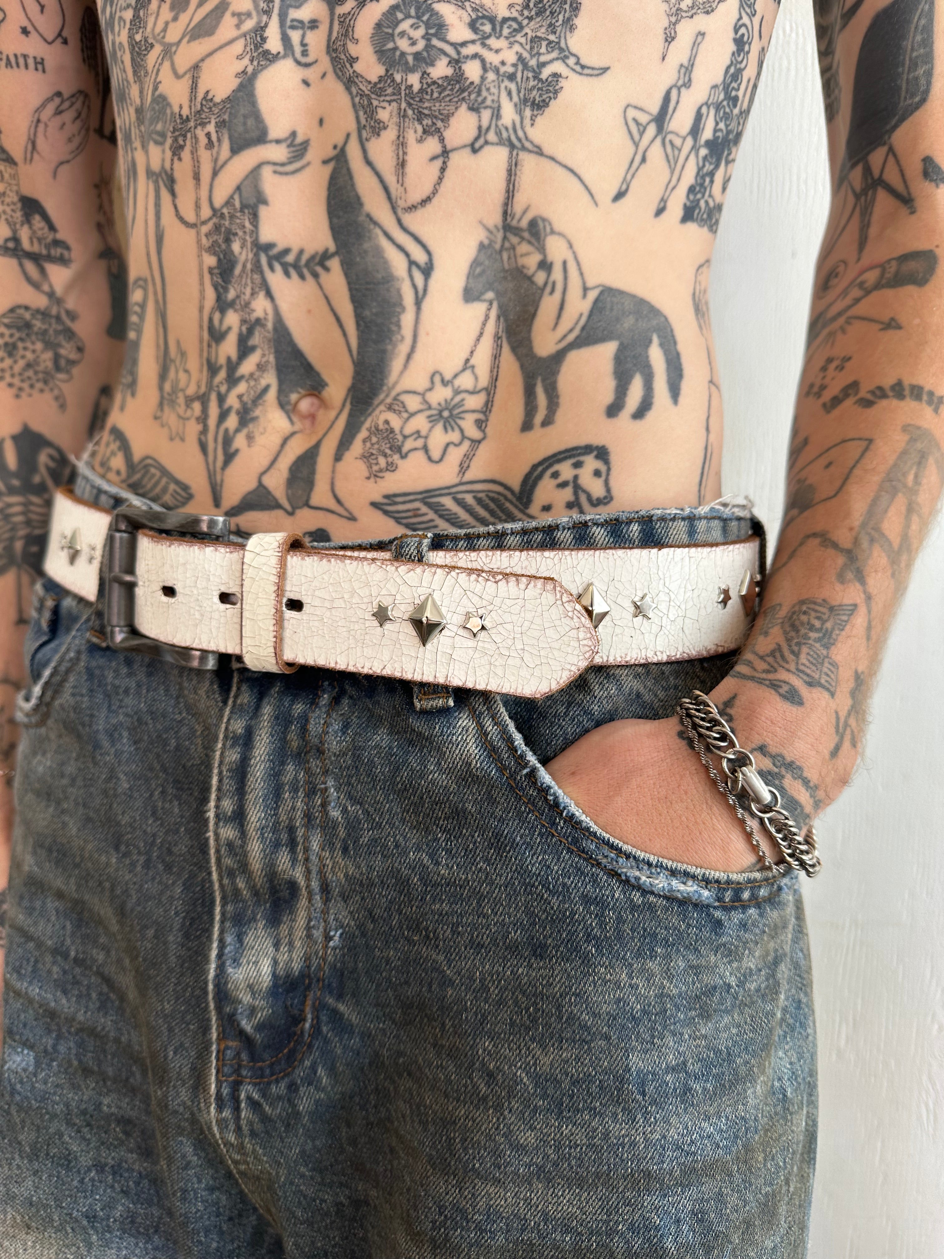Vintage Hand Studded White Leather Belt (34”)