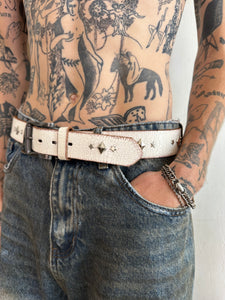 Vintage Hand Studded White Leather Belt (34”)
