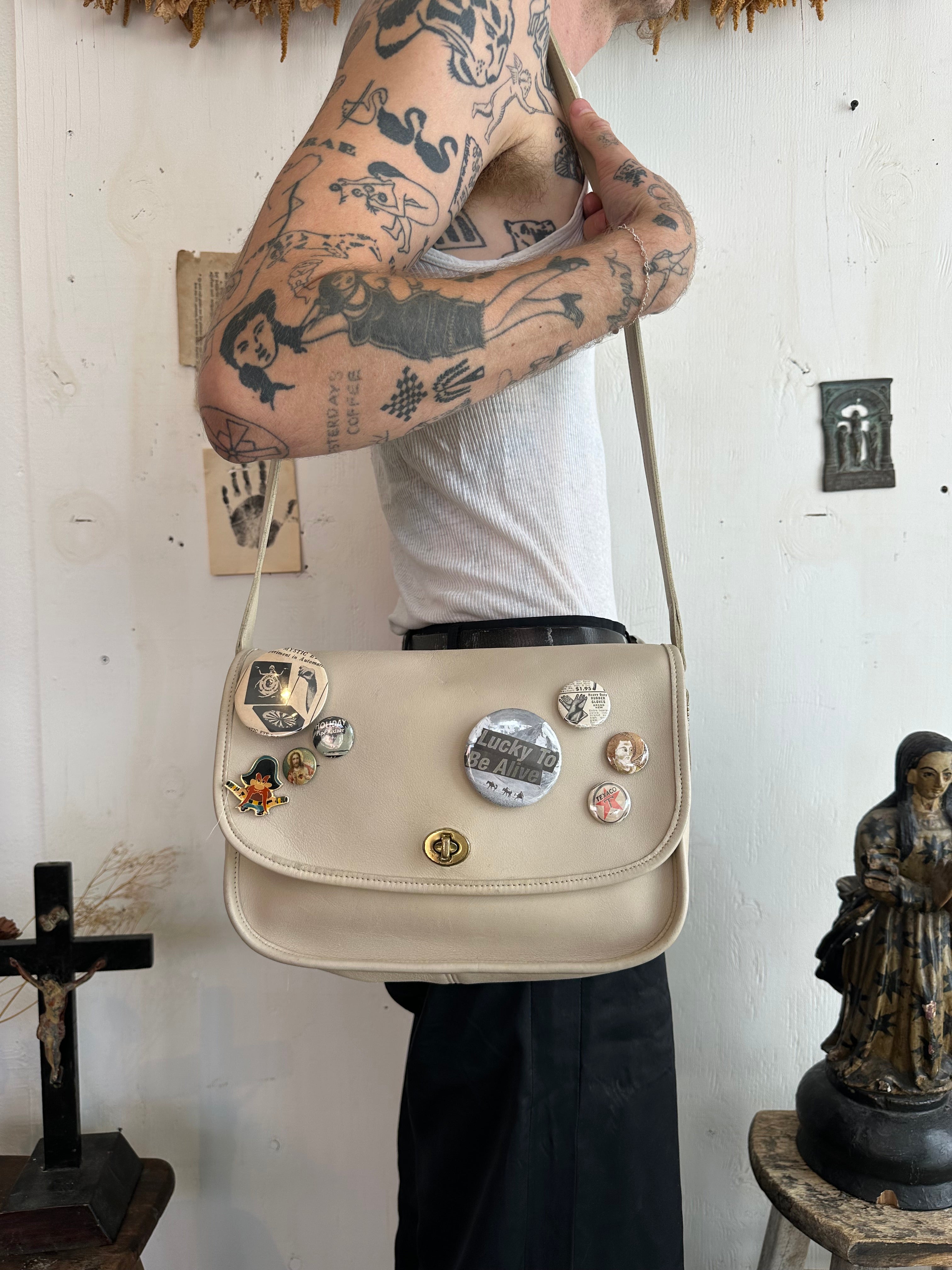Vintage White Leather Coach Bag W/ Pins