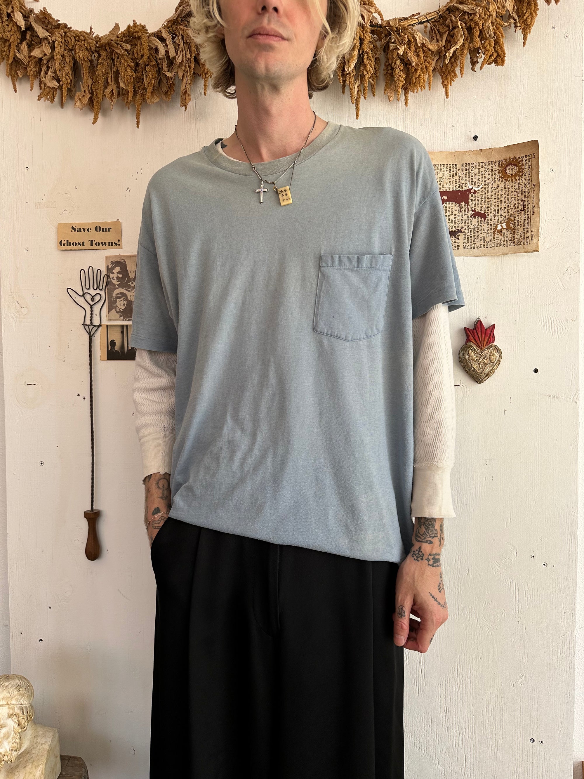 1990s Sunfaded Dusty Blue Pocket Tee
