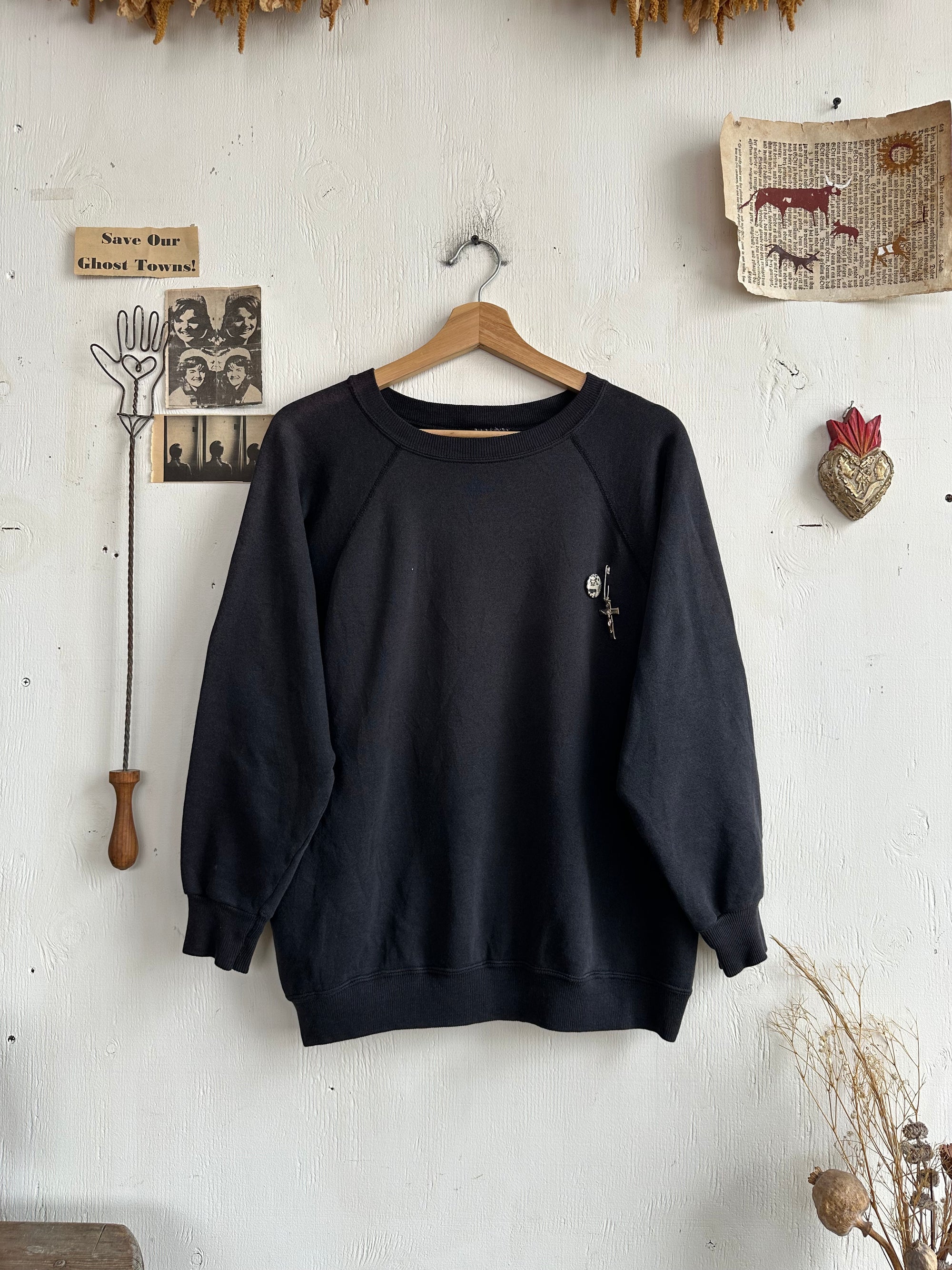 1980s Well Worn Black Raglan Crewneck W/ Pins