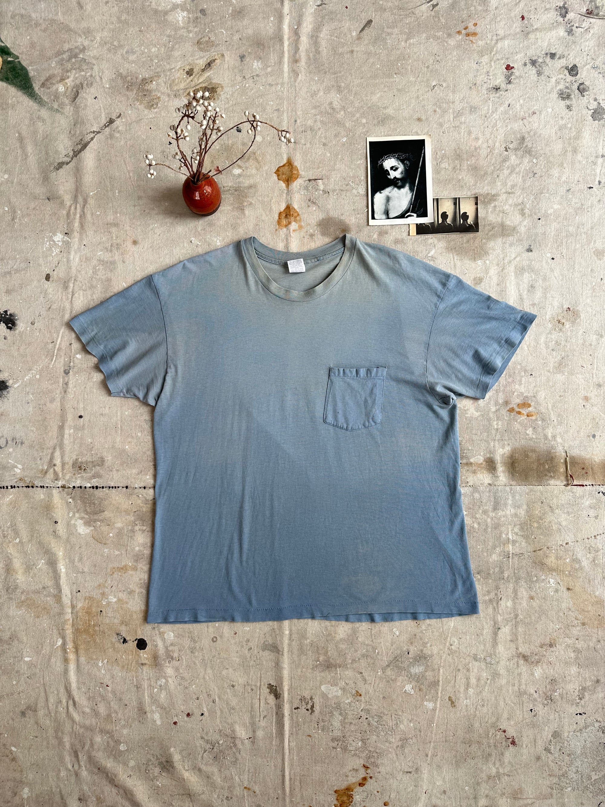 1990s Sunfaded Dusty Blue Pocket Tee
