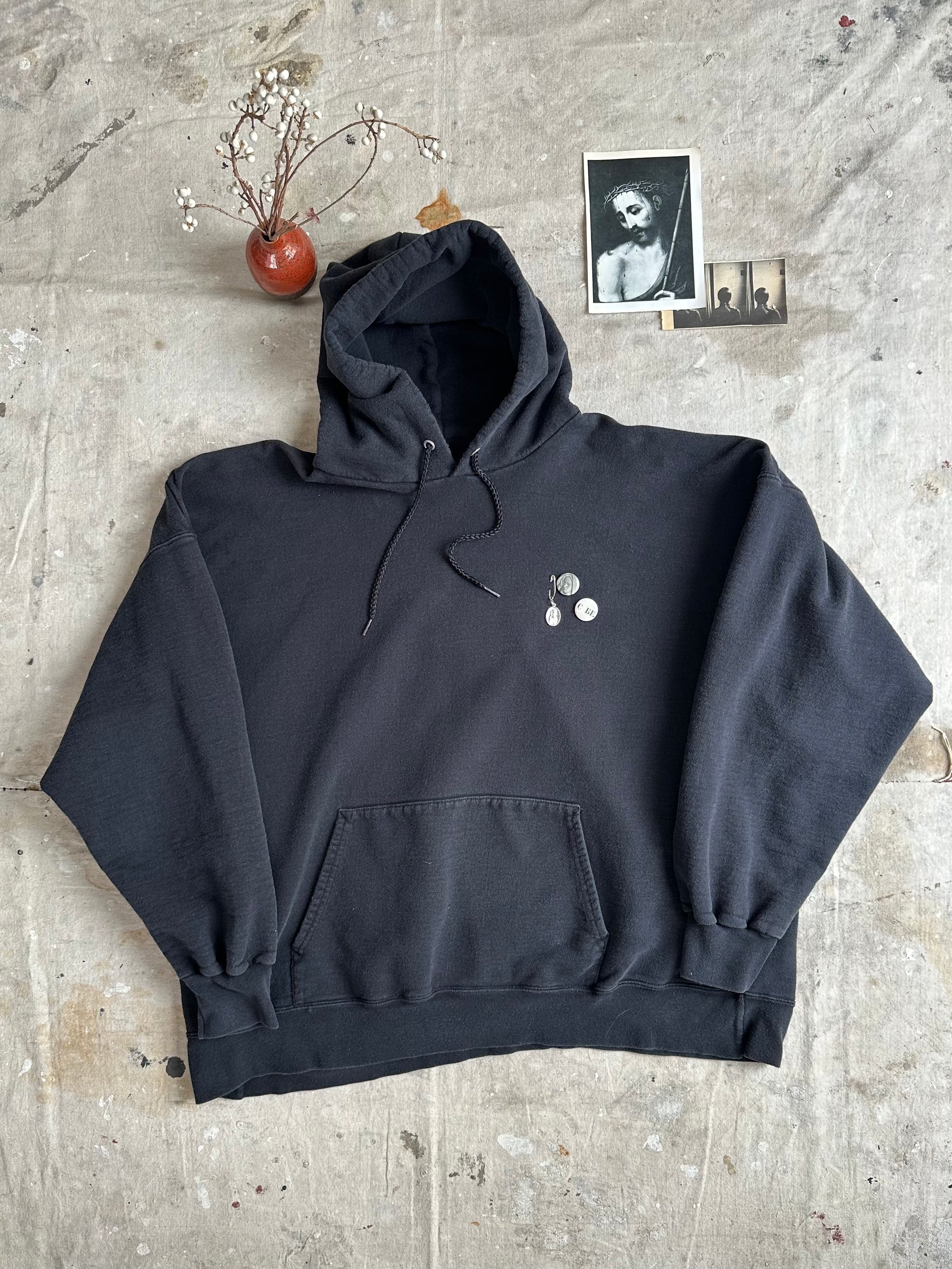 1990s Boxy Faded Black Hoodie W/ Pins