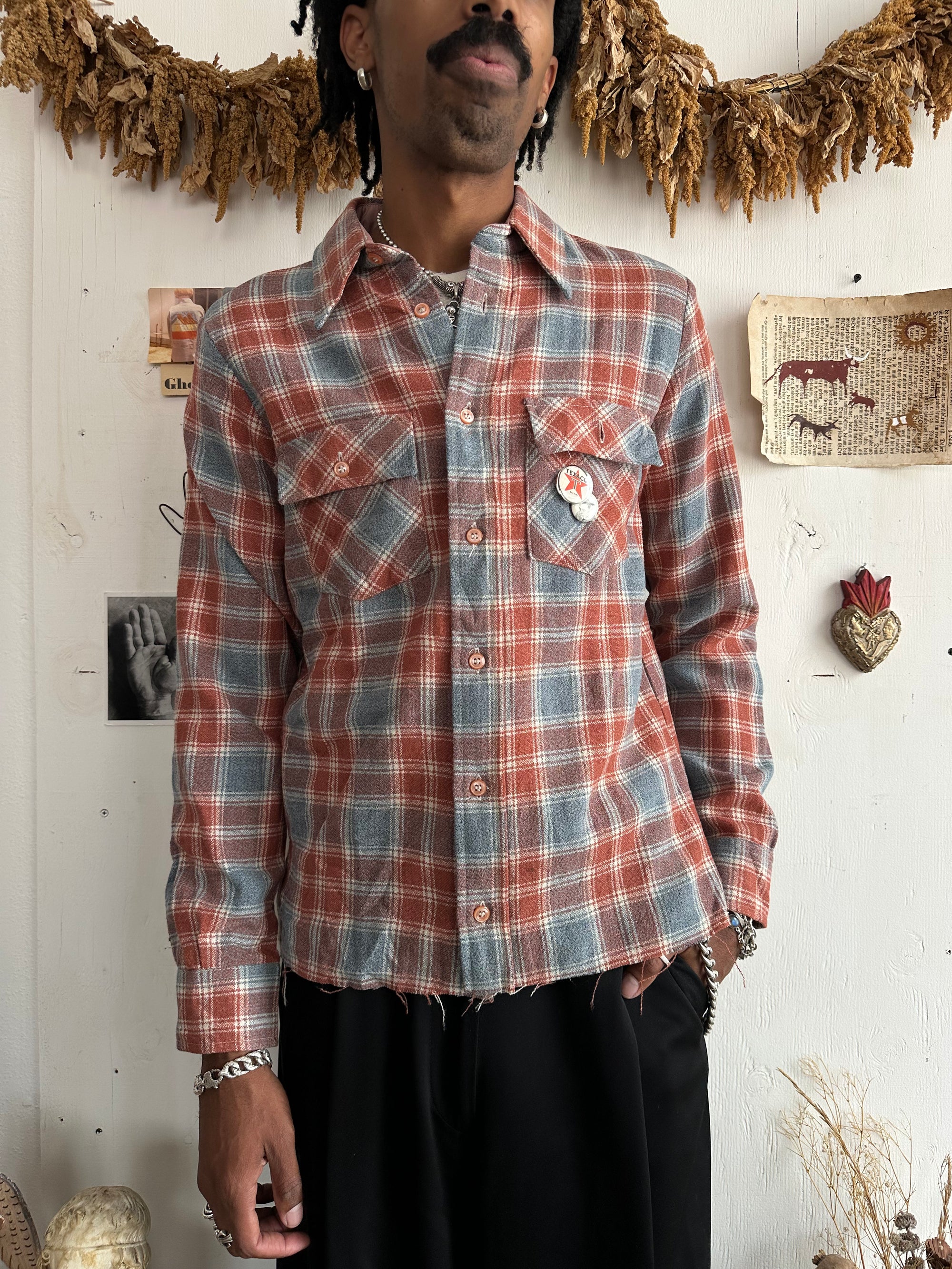1970s Wool Blend Plaid Button Up W/ Pins