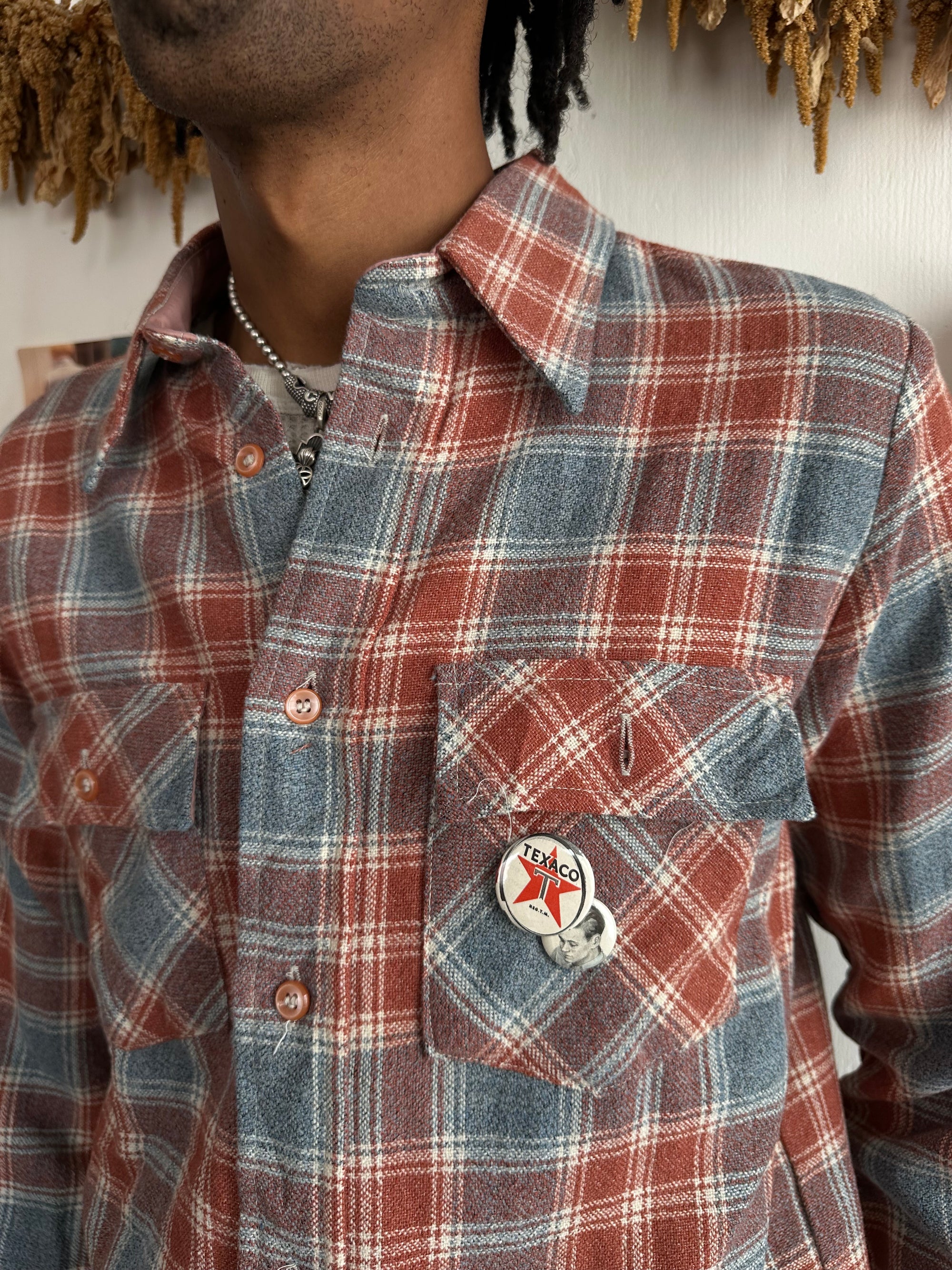 1970s Wool Blend Plaid Button Up W/ Pins