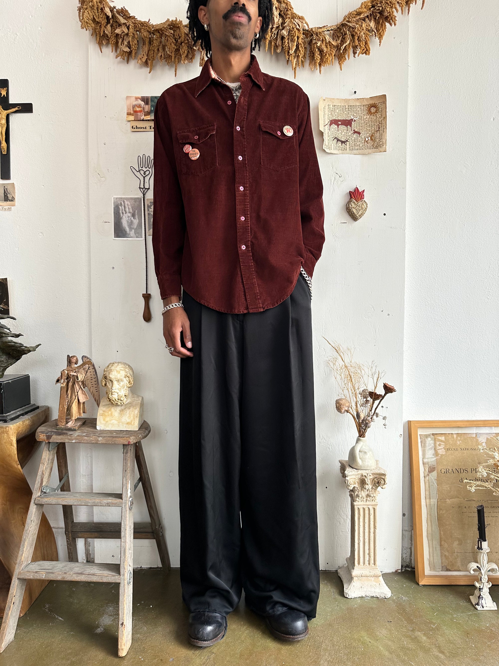 1970s Dark Red Corduroy Shirt W/ Pins