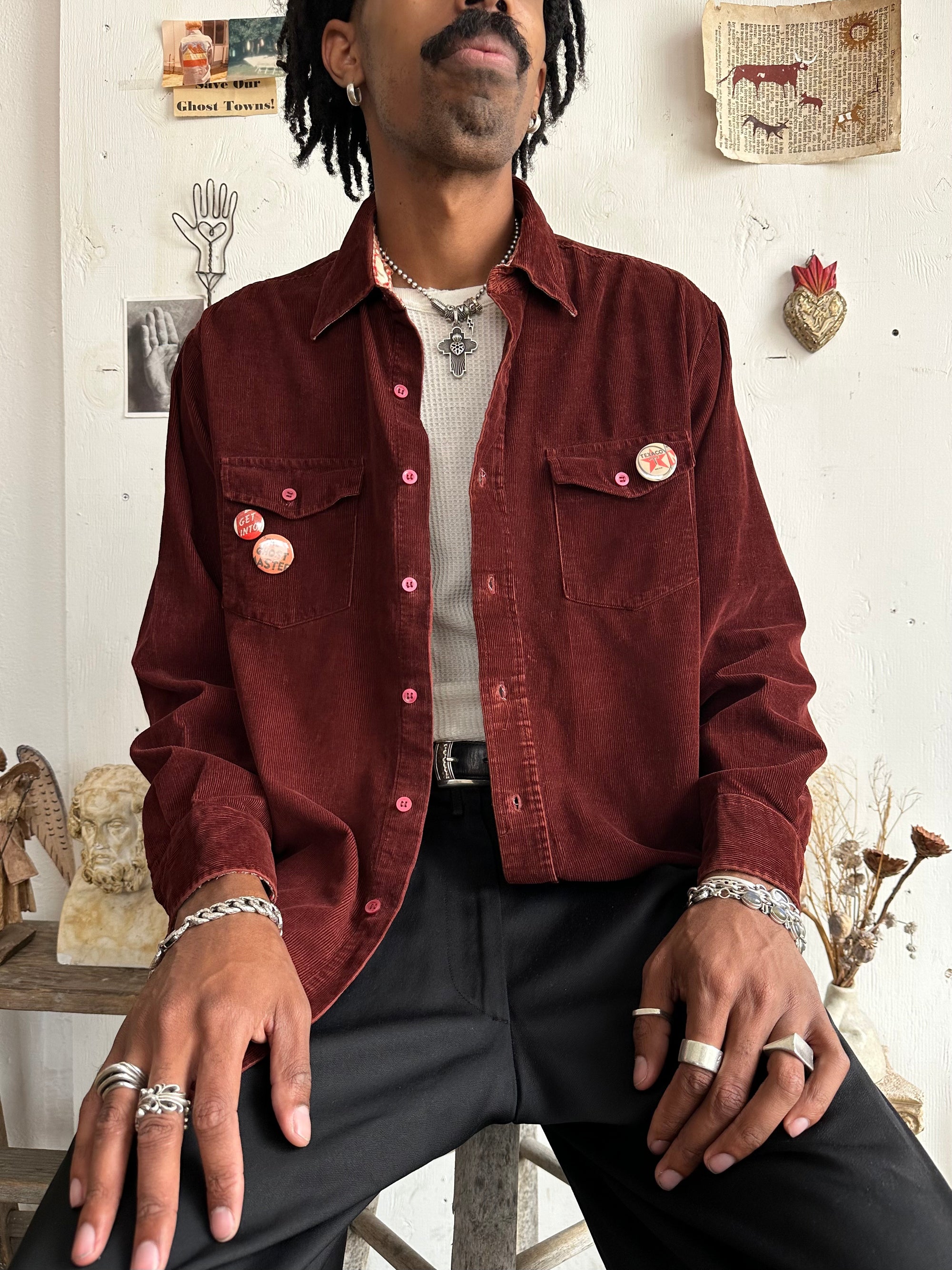 1970s Dark Red Corduroy Shirt W/ Pins