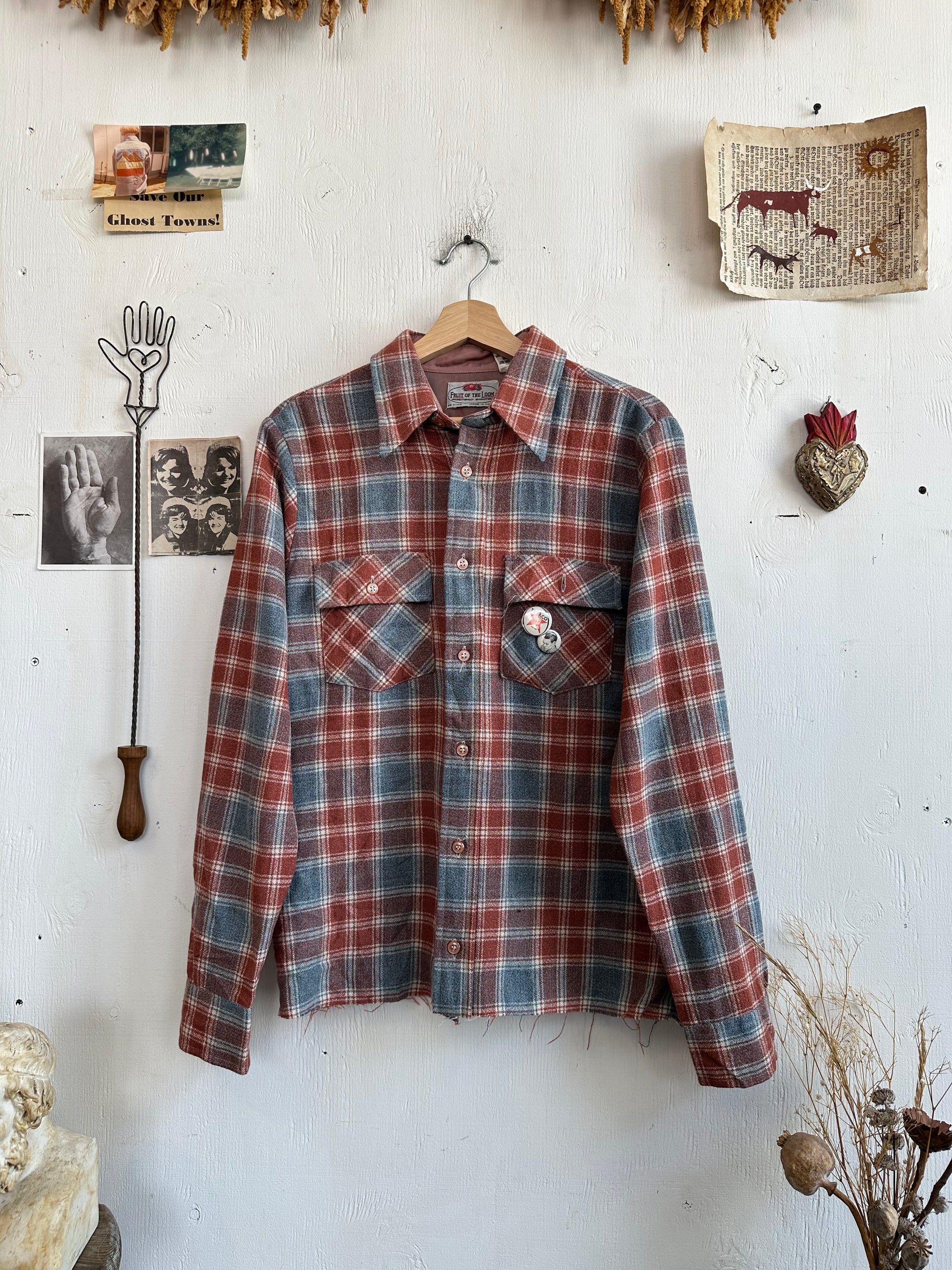 1970s Wool Blend Plaid Button Up W/ Pins