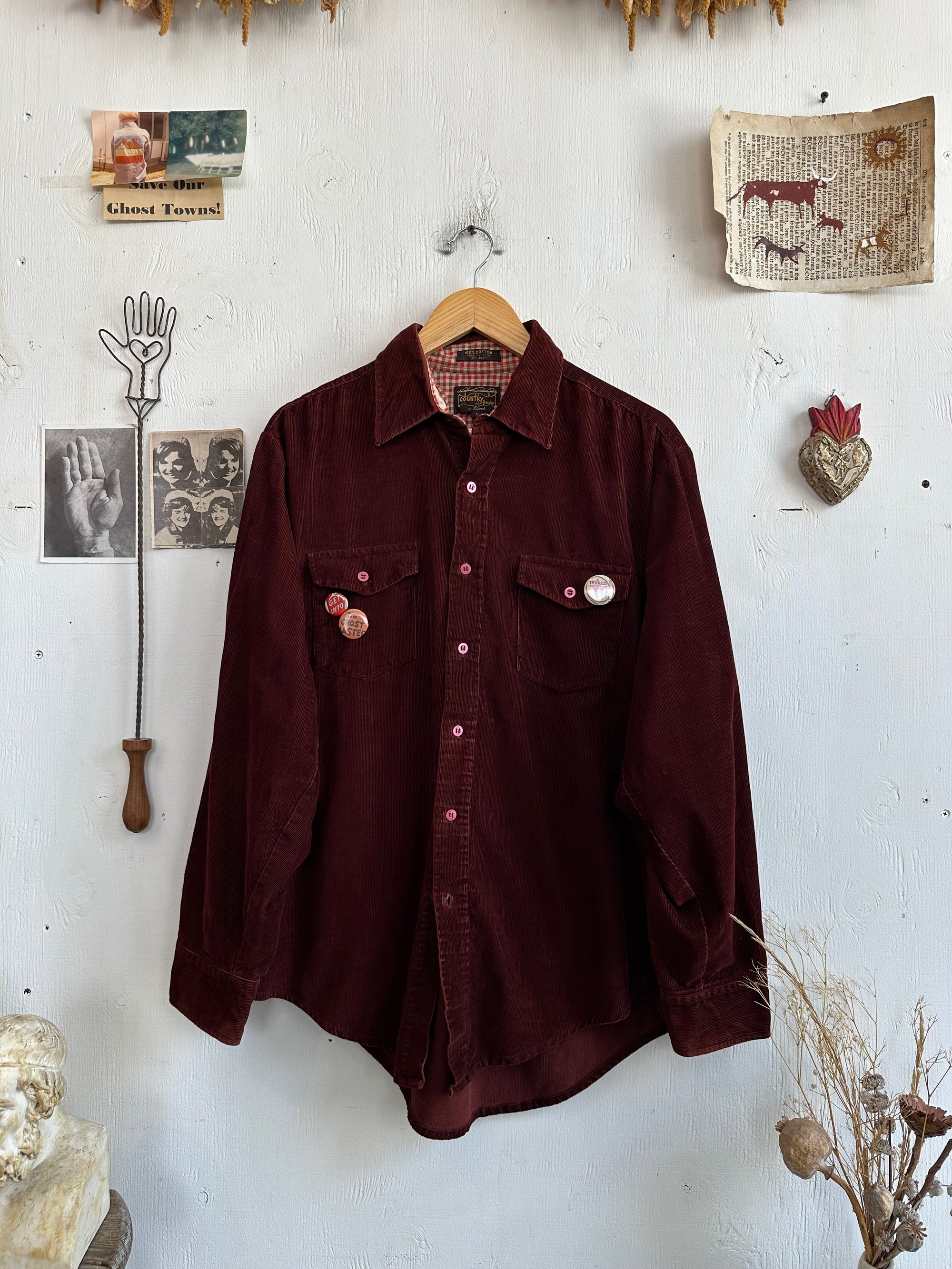1970s Dark Red Corduroy Shirt W/ Pins