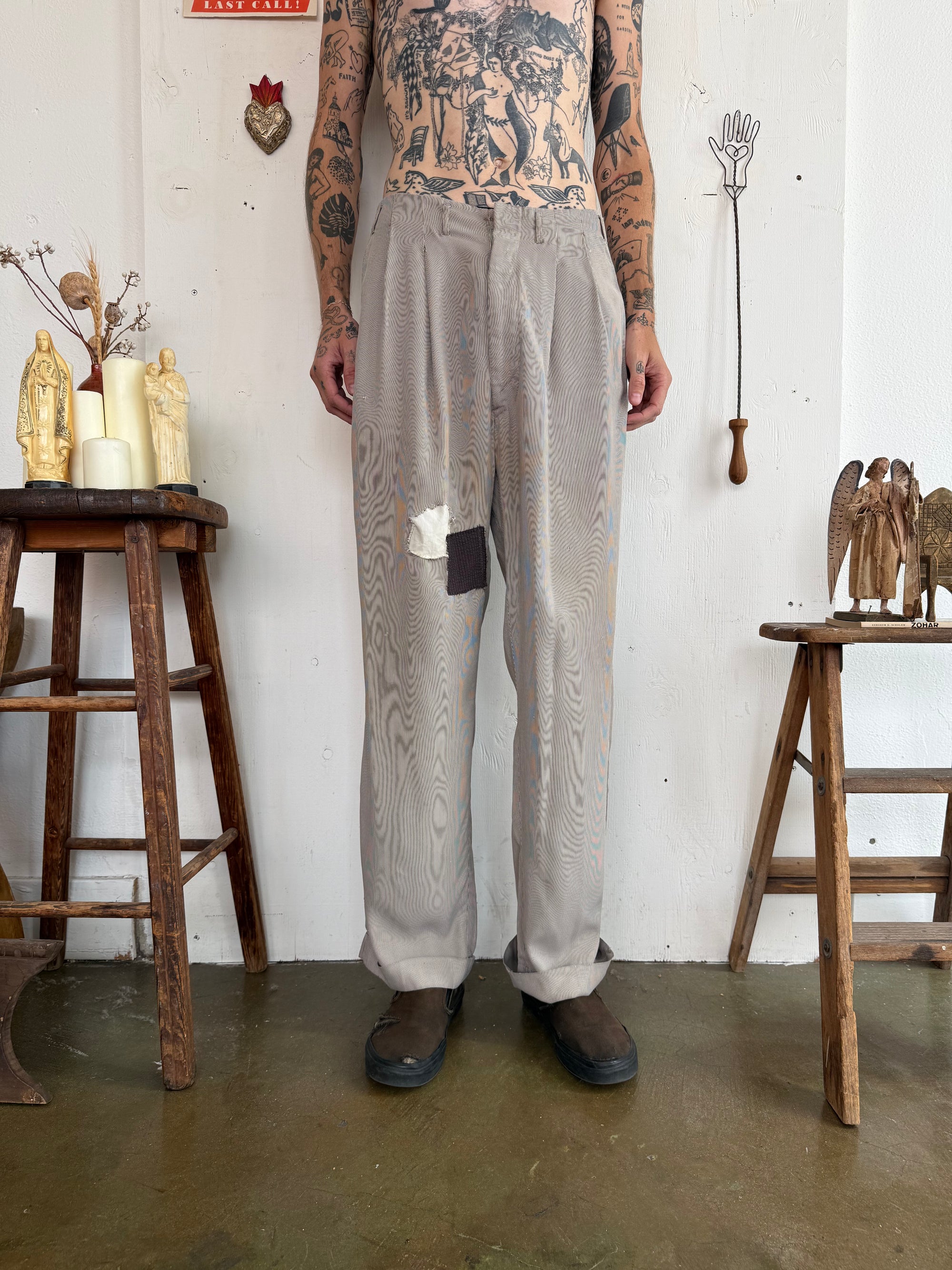 1940s Well Worn Pinstripe Trousers W/ Patches