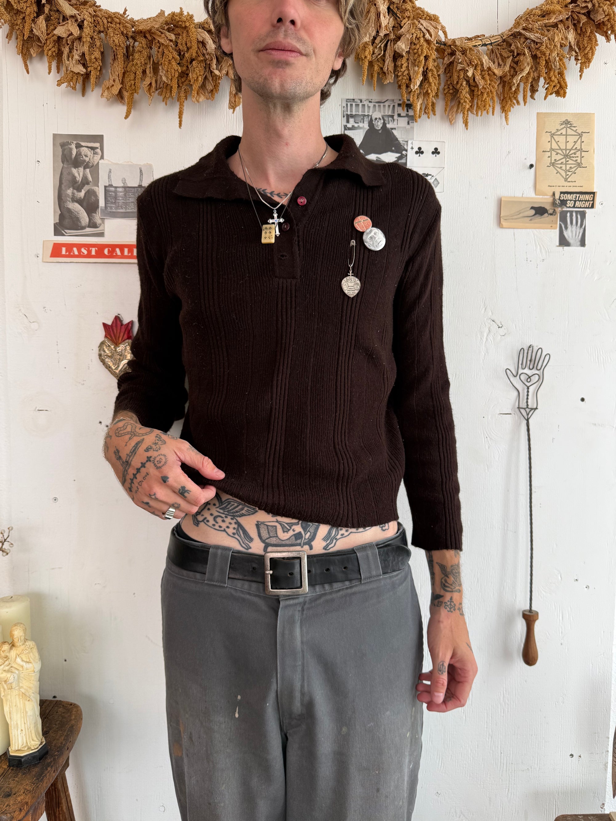 1970s Chocolate Brown Knit W/ Pins