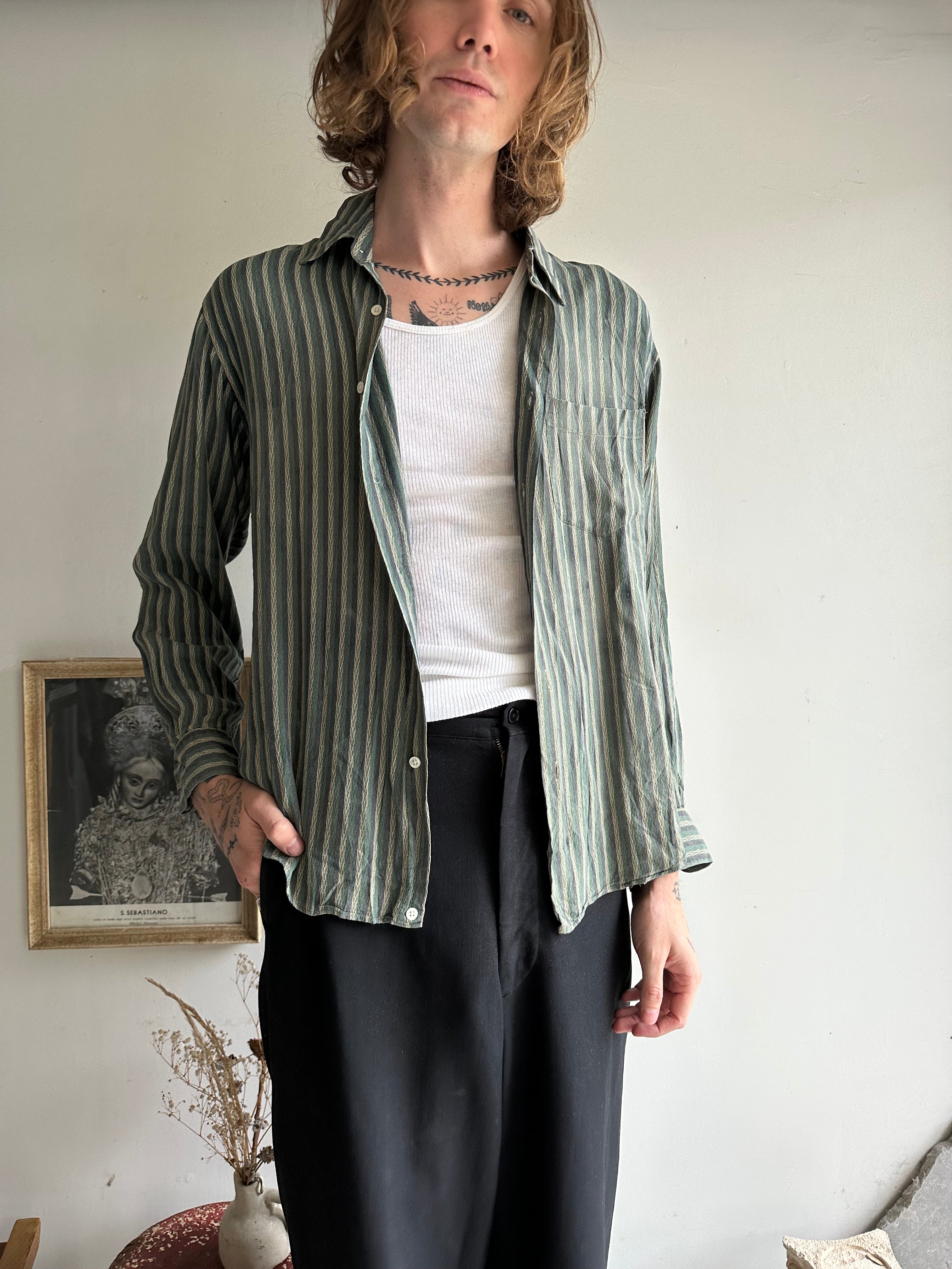 1980s Yamamoto Made In Japan Green Striped Shirt (L)