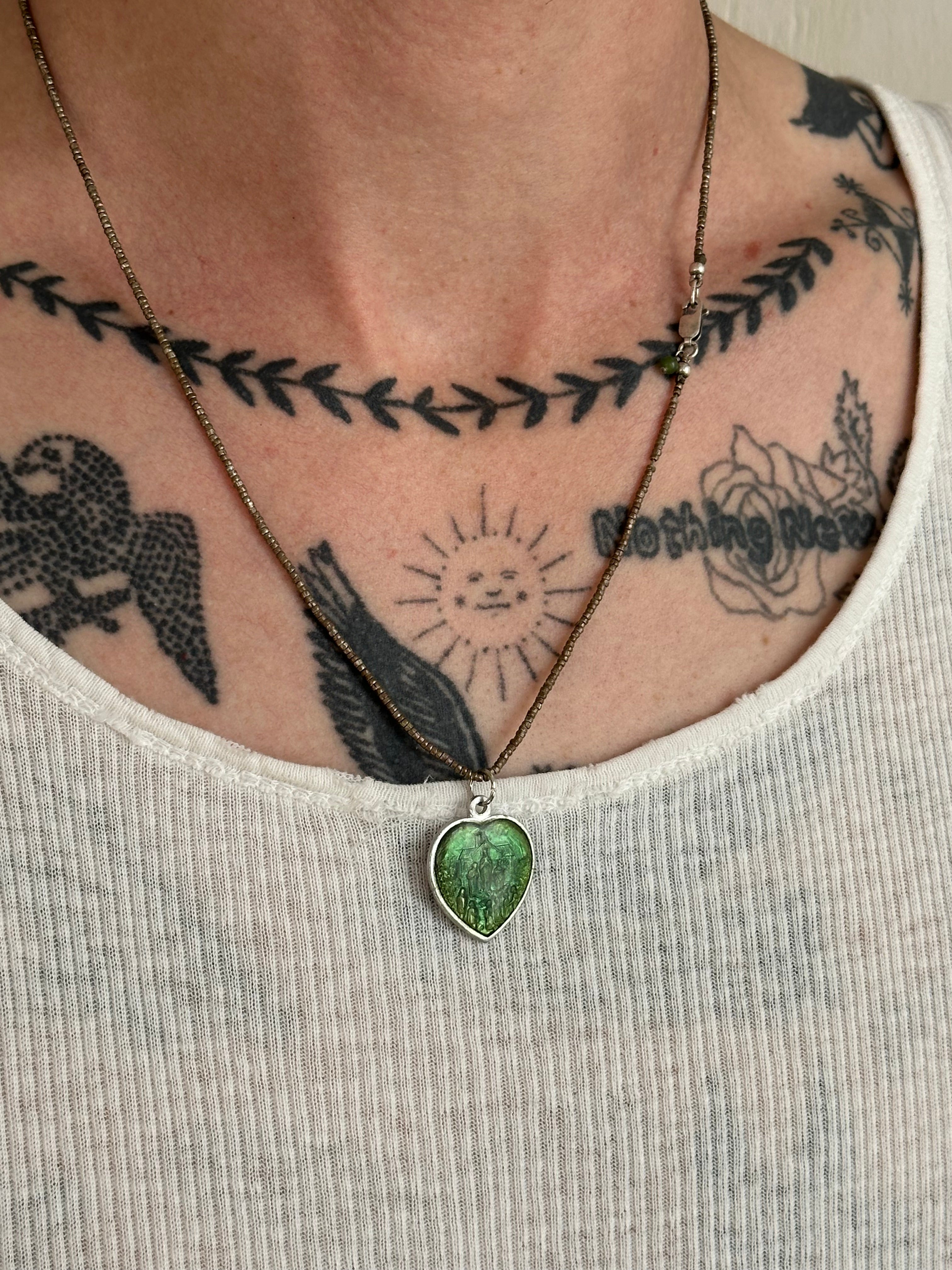 Vintage Green Enamel Religious Heart Pendant (20")