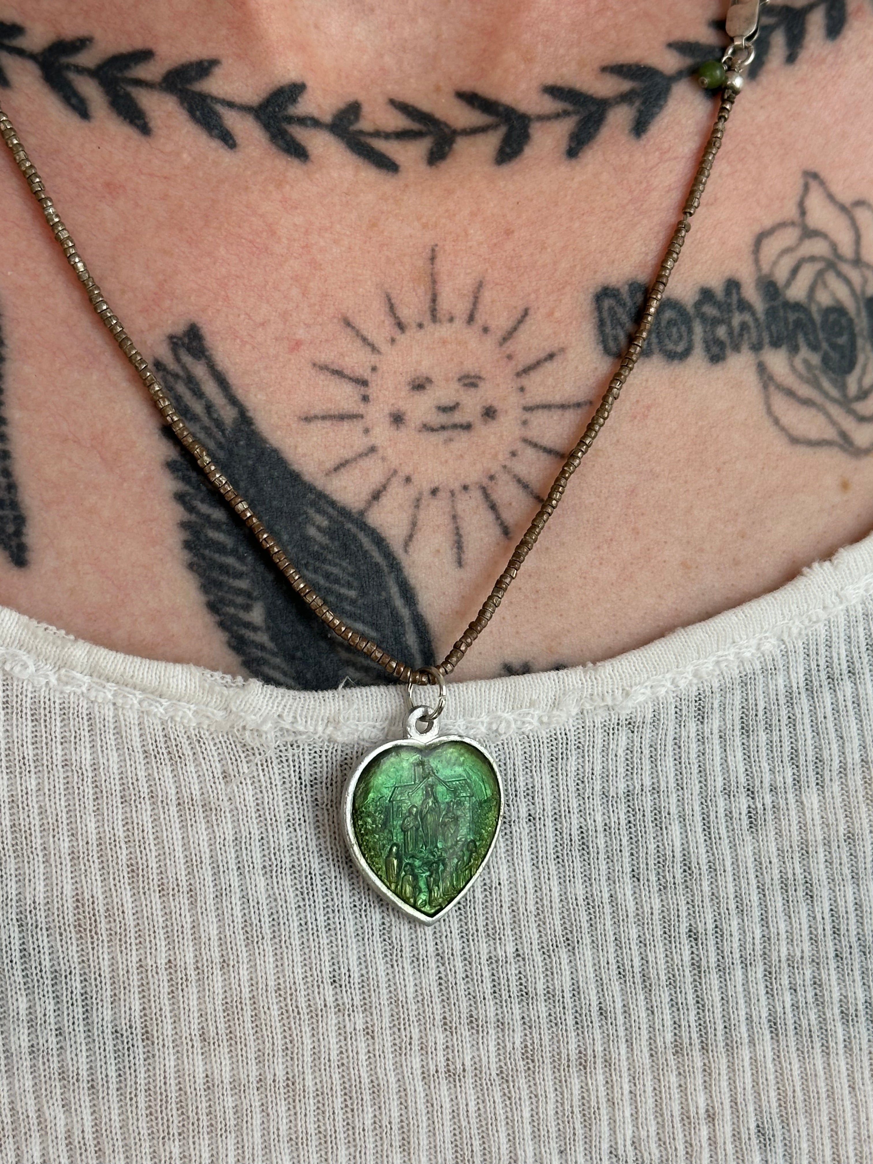 Vintage Green Enamel Religious Heart Pendant (20")