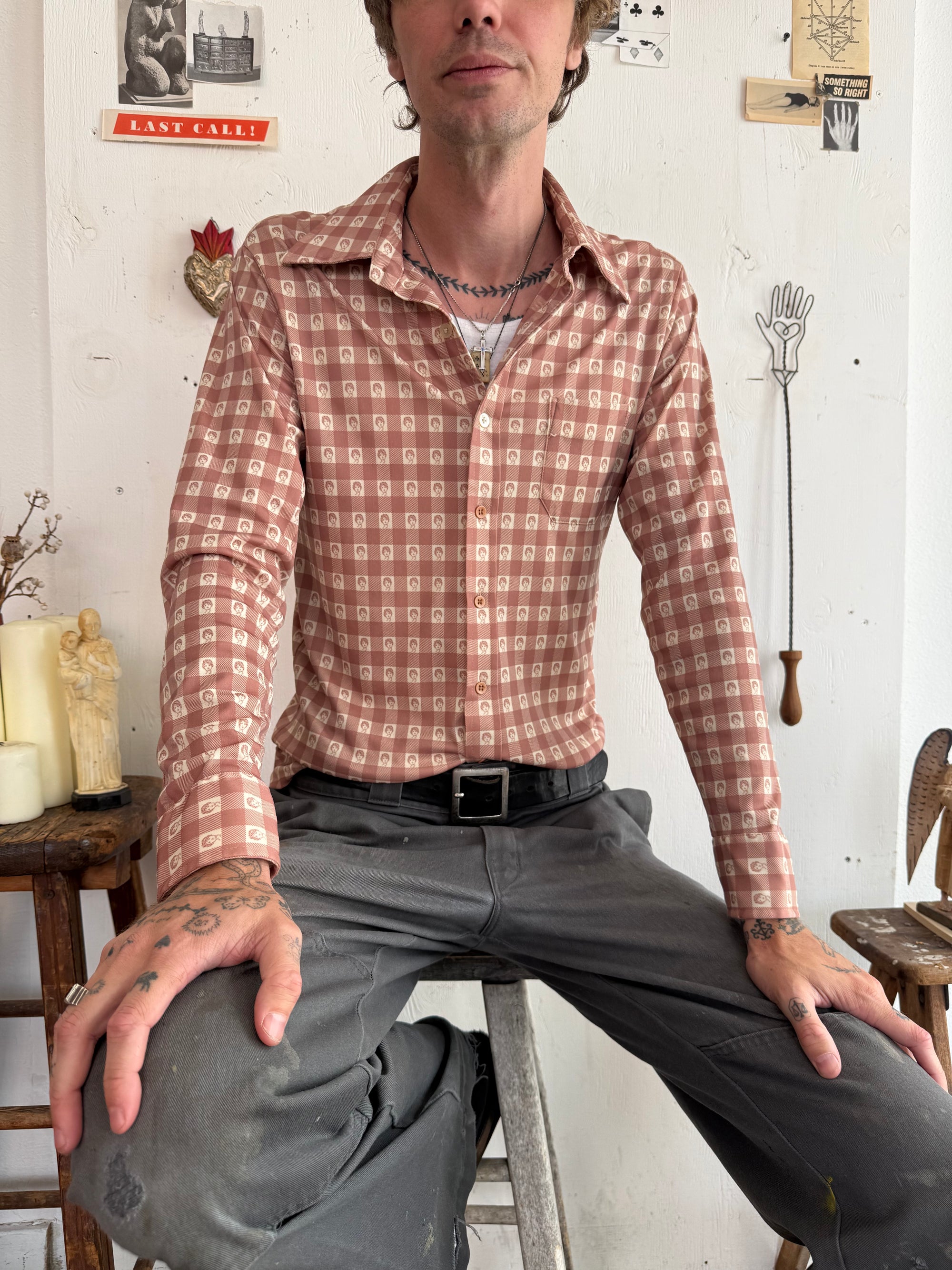 1970s Face Check Button Up