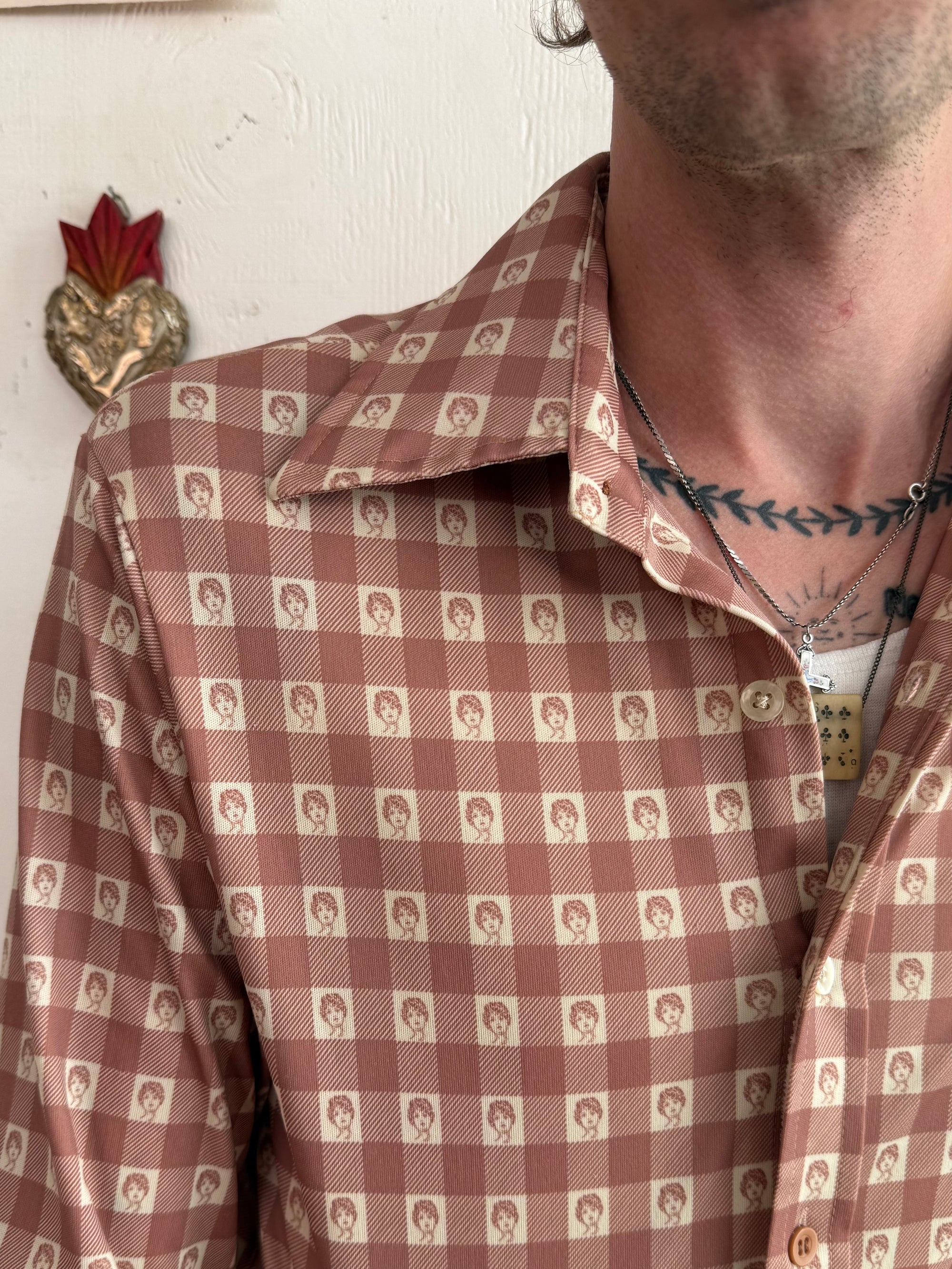 1970s Face Check Button Up