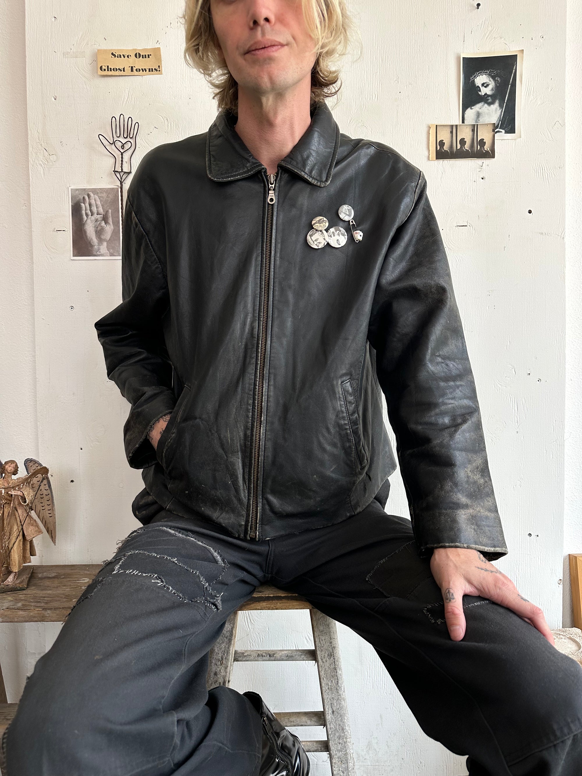 1990s Well Worn Leather Jacket W/ Pins