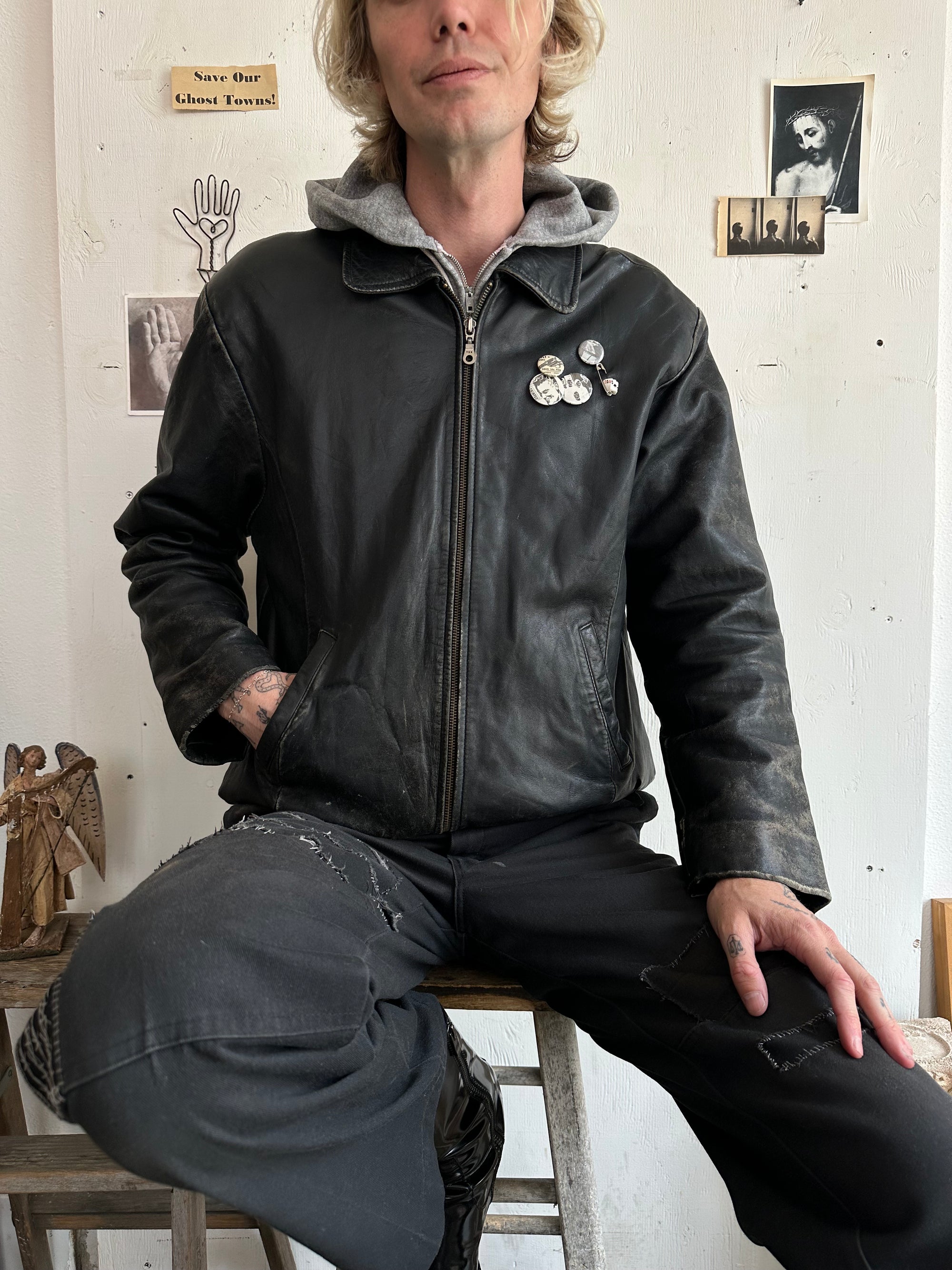 1990s Well Worn Leather Jacket W/ Pins
