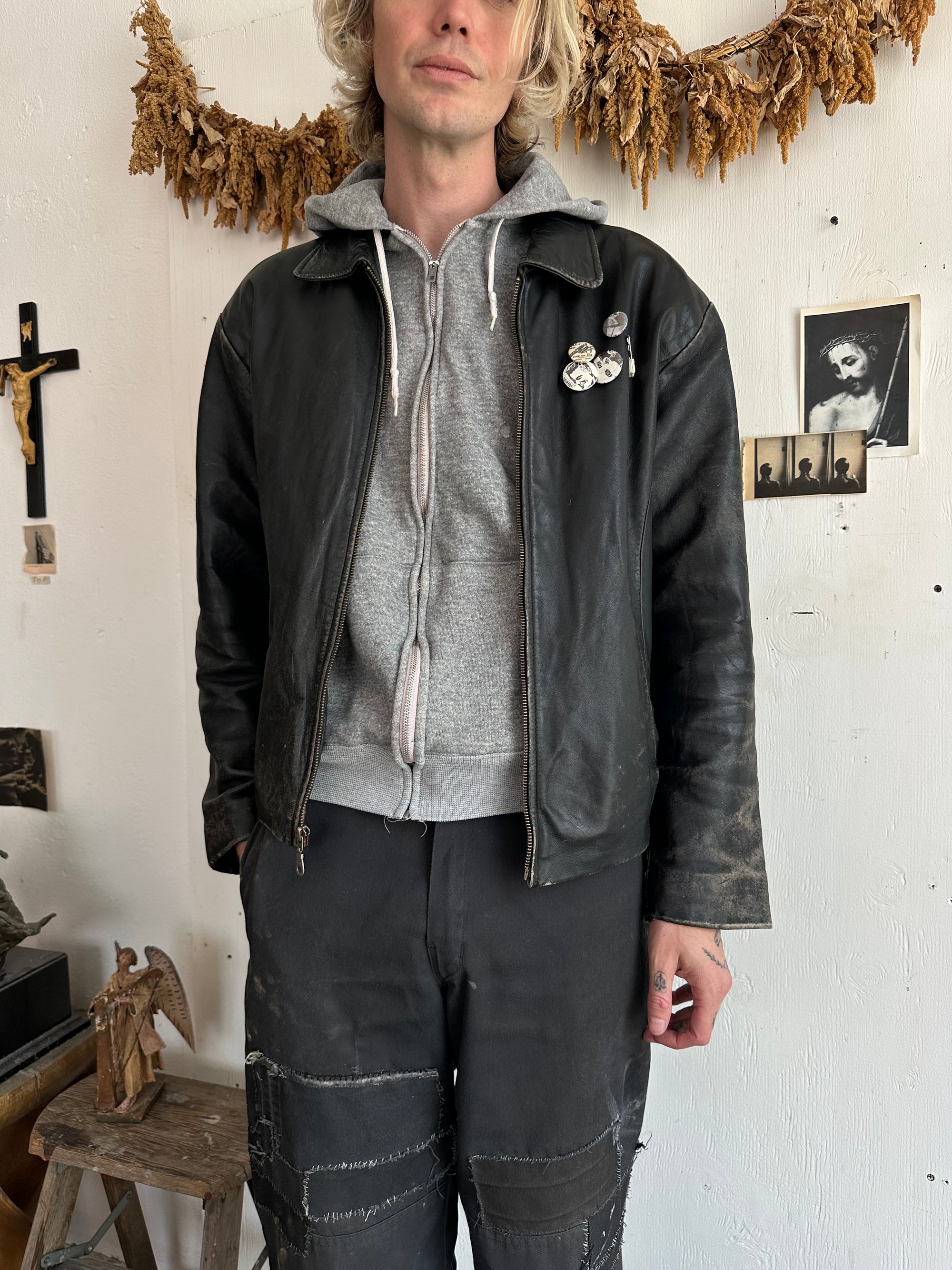 1990s Well Worn Leather Jacket W/ Pins
