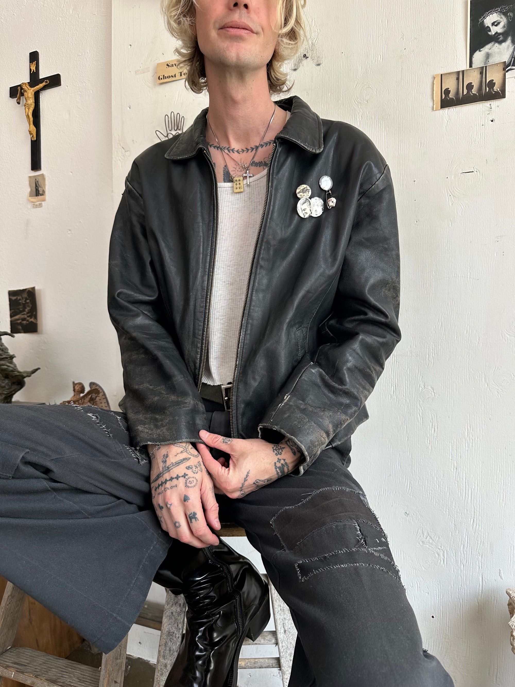 1990s Well Worn Leather Jacket W/ Pins