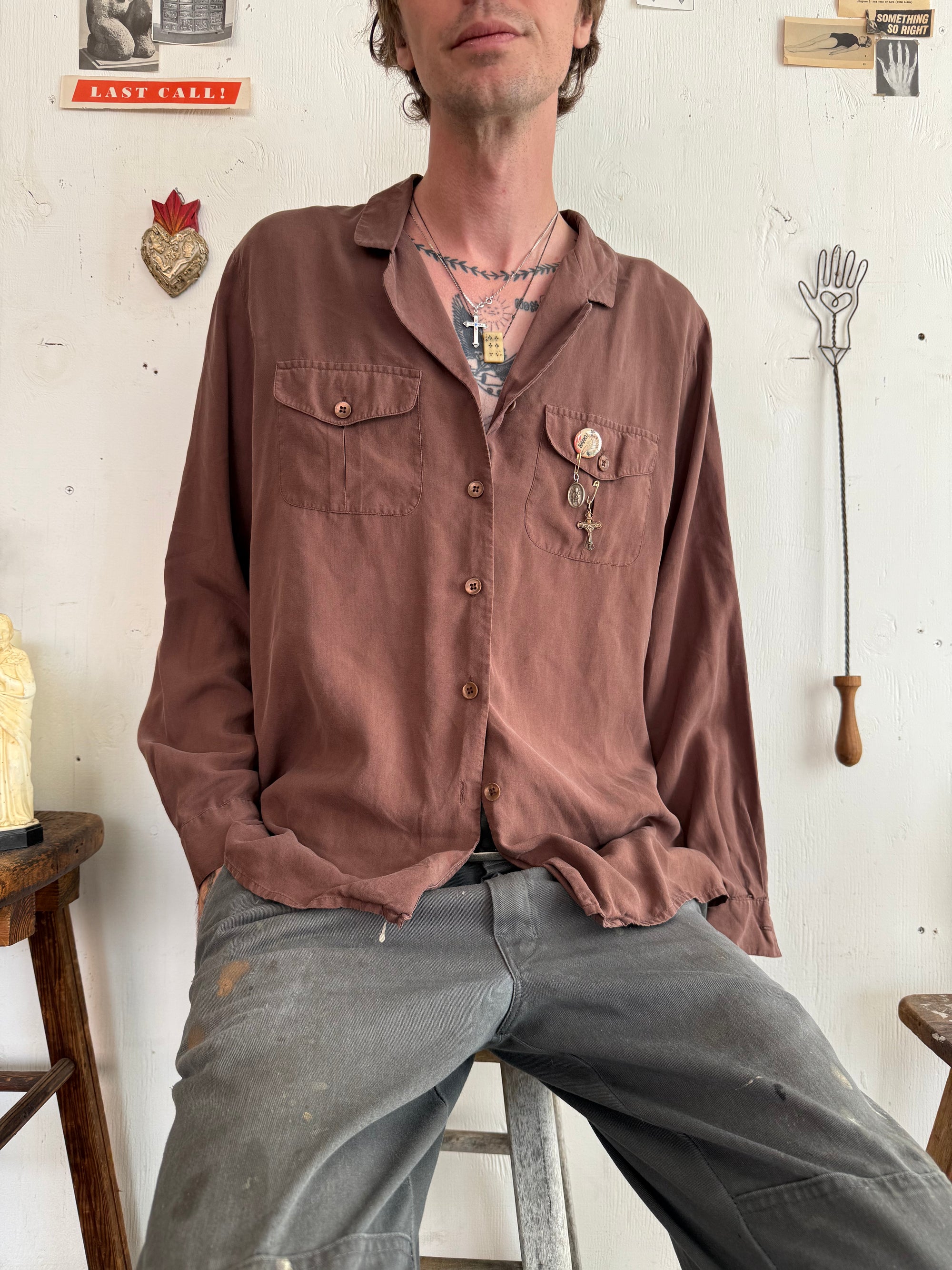 1970s Flowy Light Brown Button Up W/ Pins