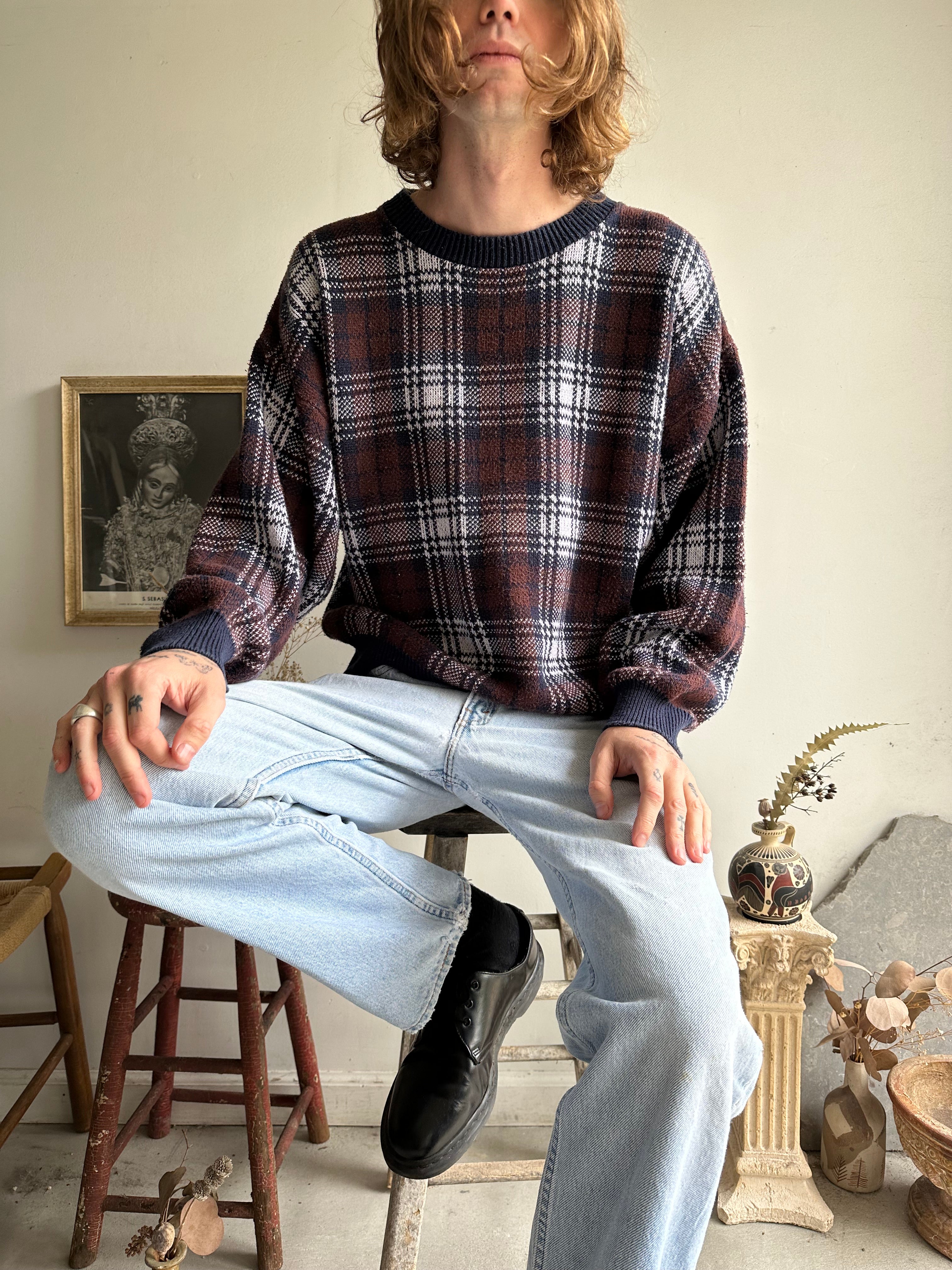 1990s Brown Plaid Sweatshirt (Boxy M)