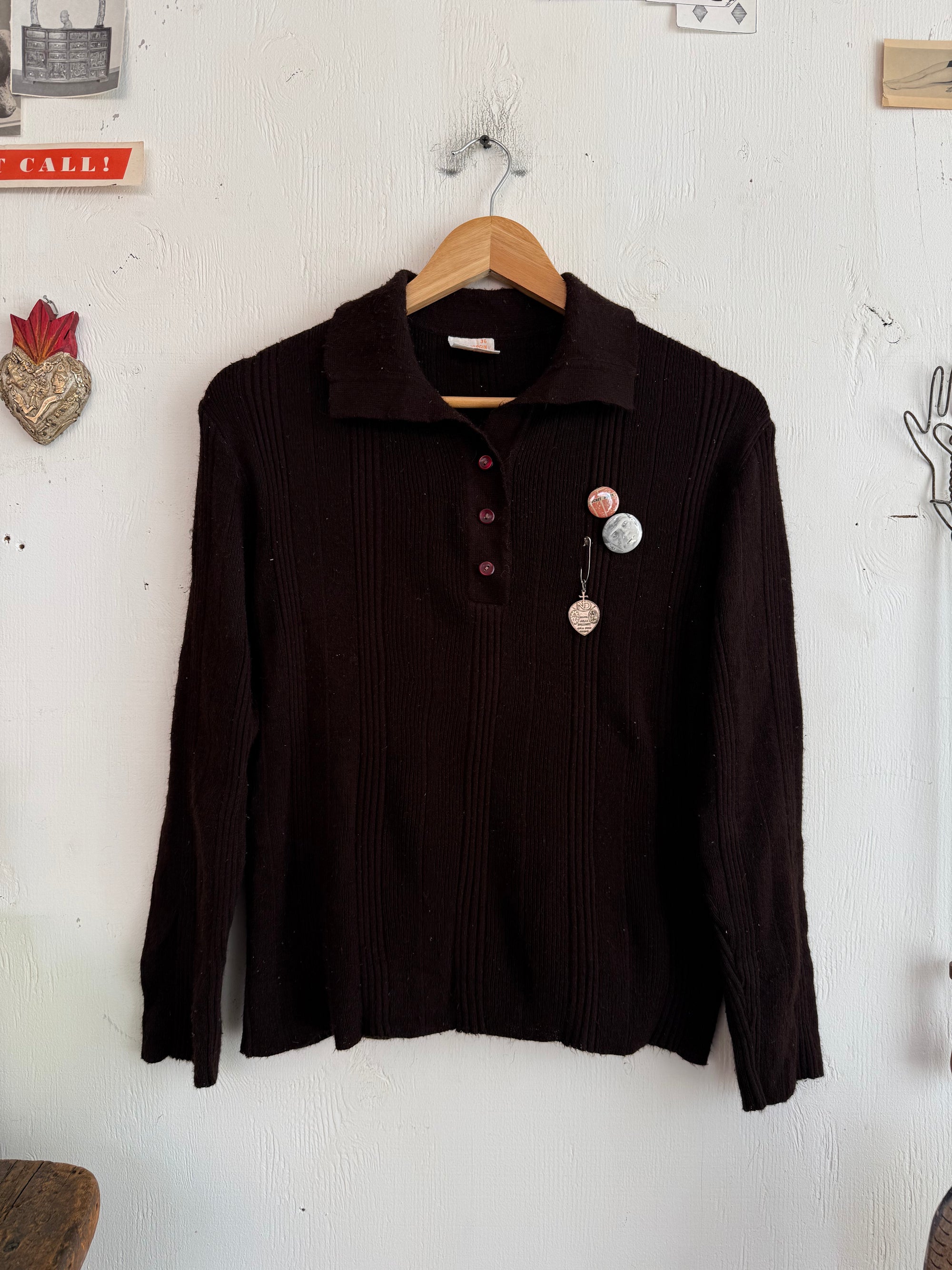 1970s Chocolate Brown Knit W/ Pins