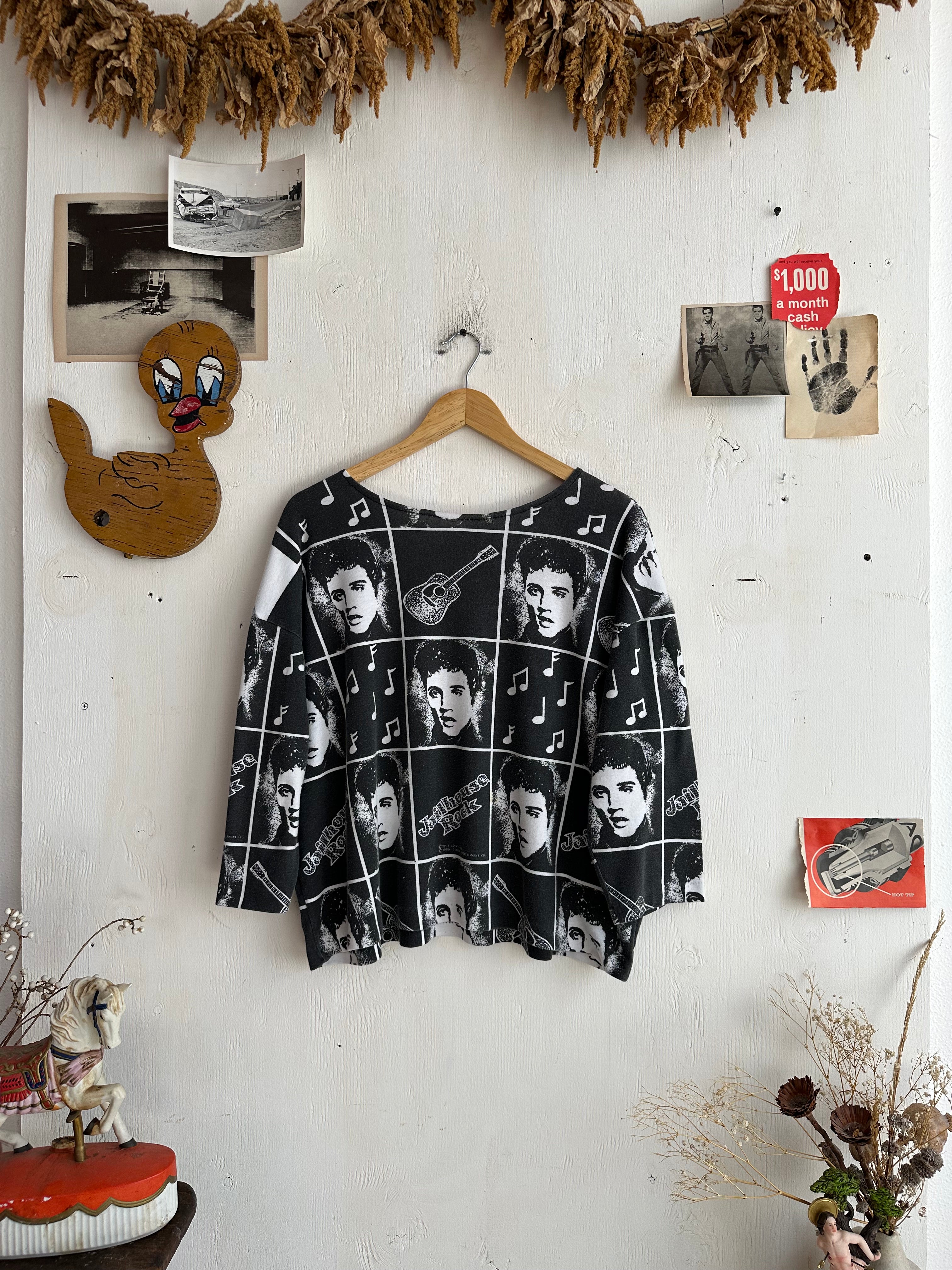 1980s Cropped 3/4 Sleeve Elvis All Over Print T-Shirt (Super Boxy M)