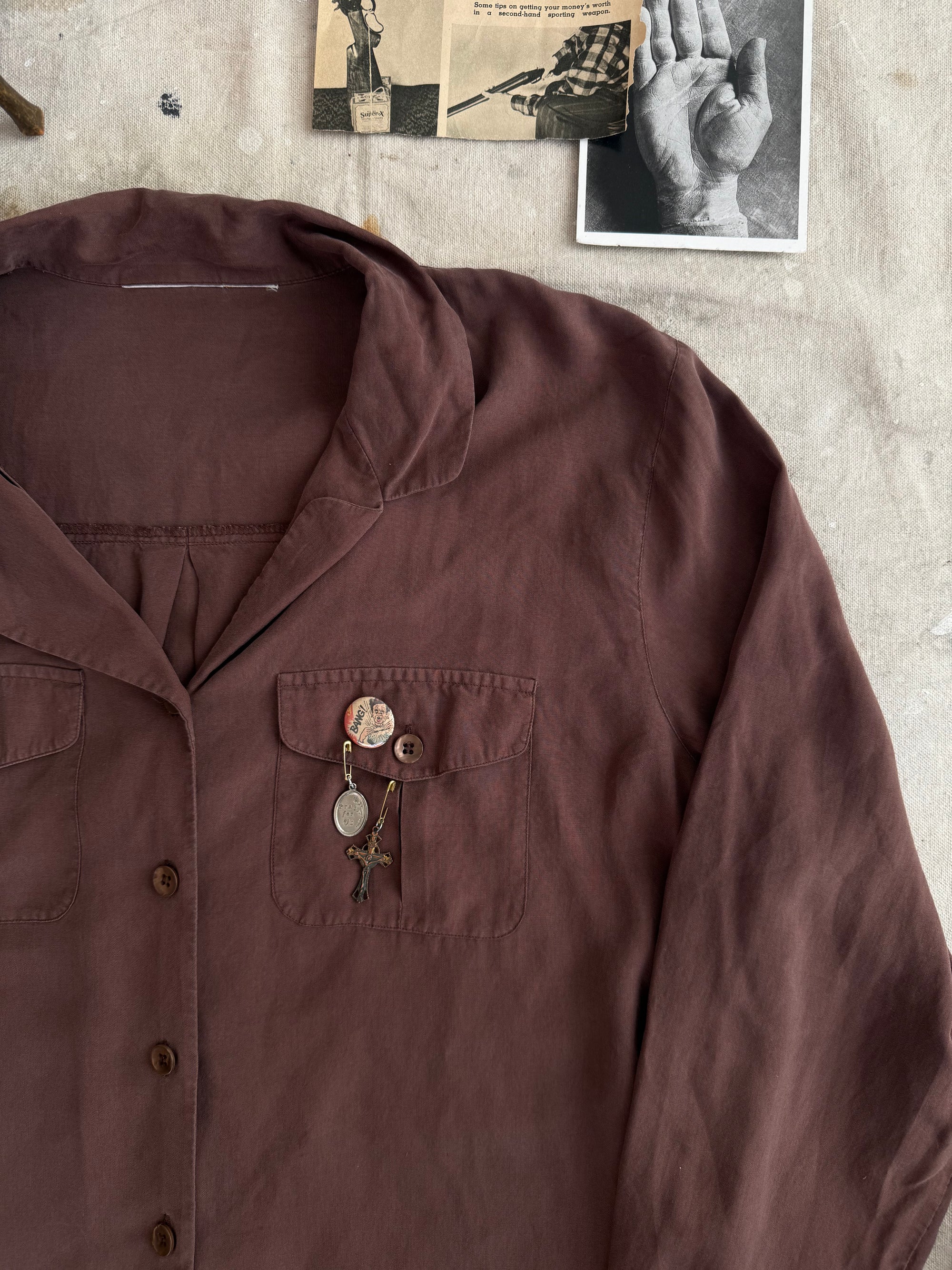 1970s Flowy Light Brown Button Up W/ Pins