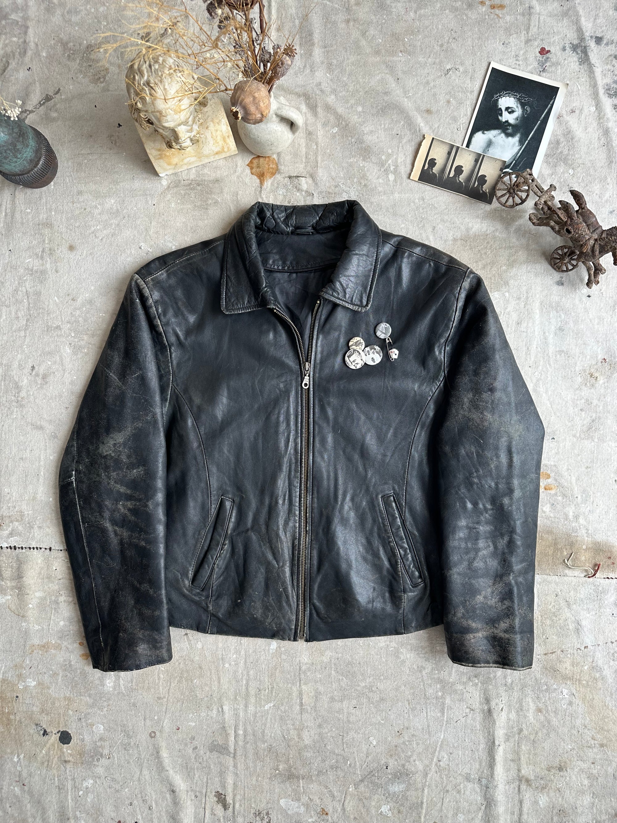 1990s Well Worn Leather Jacket W/ Pins