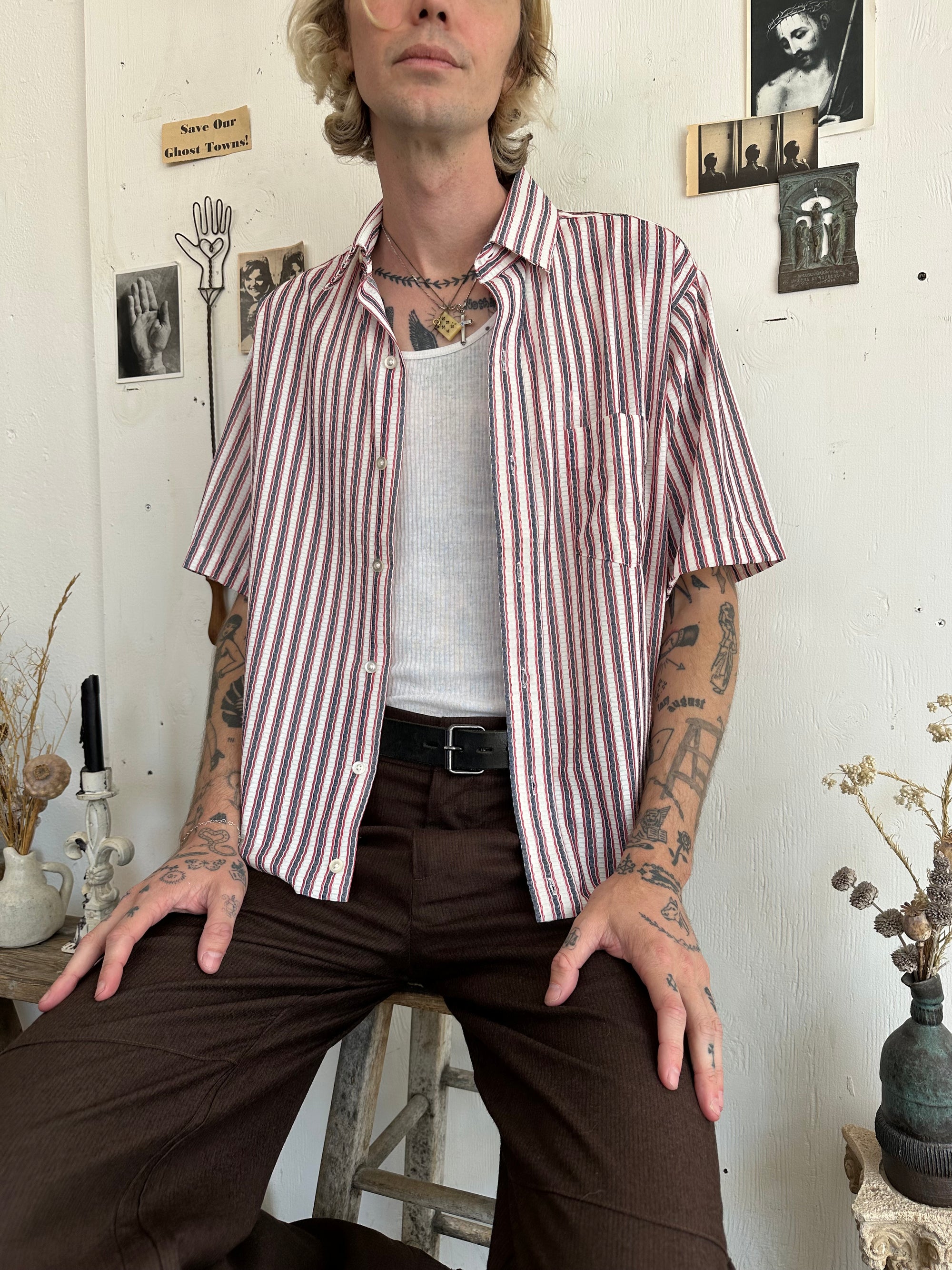1970s Striped Short Sleeve Button Up